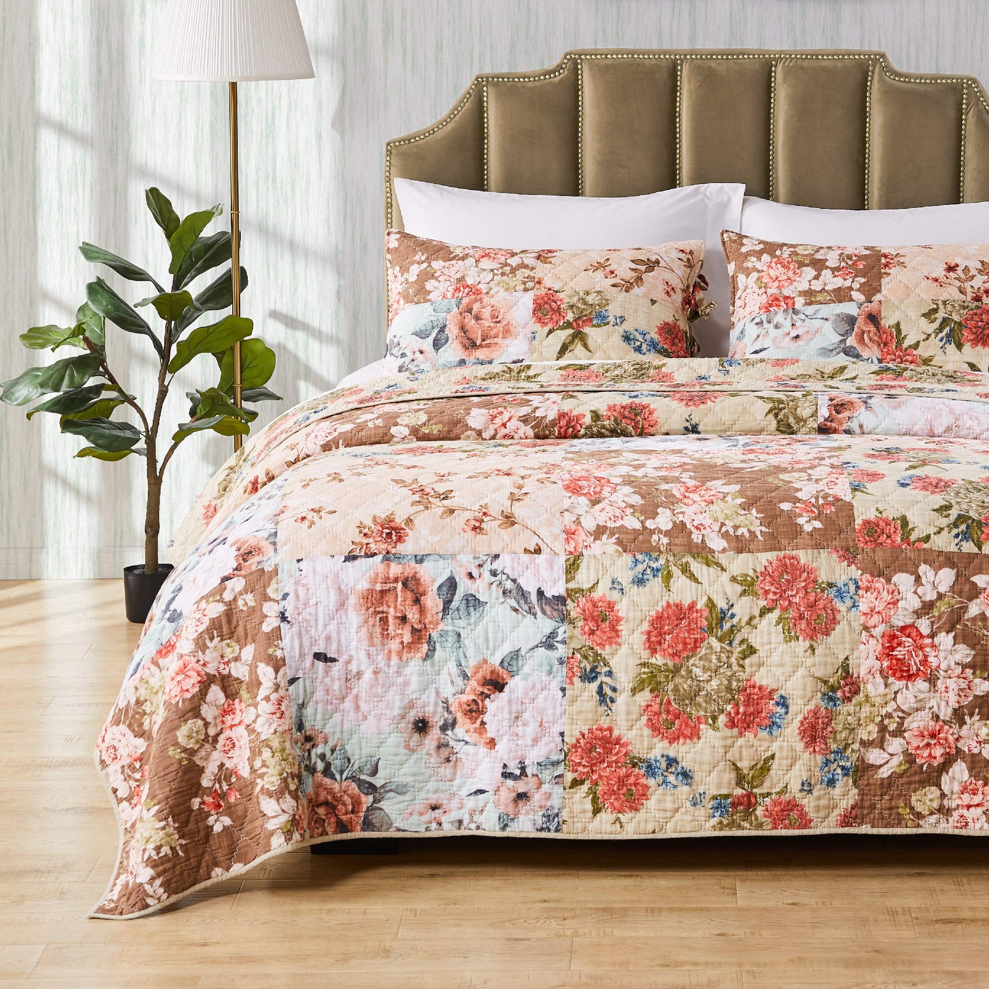 Greenland Home Fashions Briar Authentic Patchwork Quilt and Pillow Sham Set, 3-Piece Full/Queen