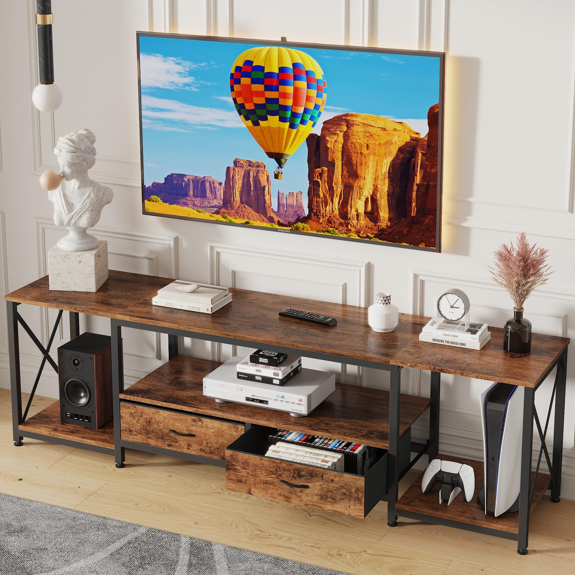 GYIIYUO TV Stand with Fabric Drawers for 80 85 Inches TV - Entertainment Center and Industrial TV Console Table with Open Storag