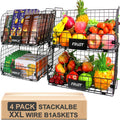 4 PACK XXL Stackable Wire Baskets for Storage Pantry,Fruit Basket For Kitchen Cabinet 16.3x12x8.2 Metal Baskets For Organi