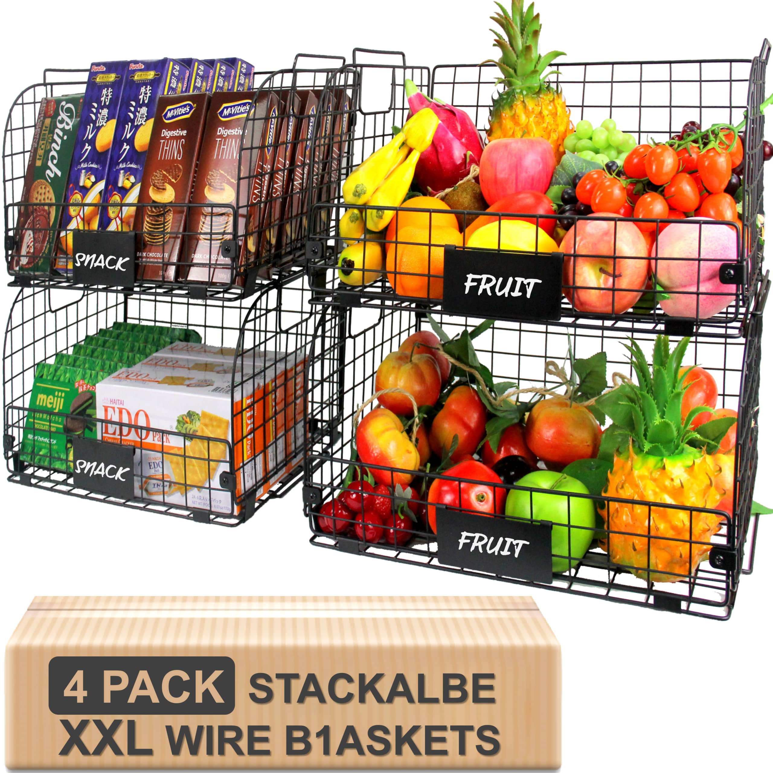 4 PACK XXL Stackable Wire Baskets for Storage Pantry,Fruit Basket For Kitchen Cabinet 16.3x12x8.2 Metal Baskets For Organi