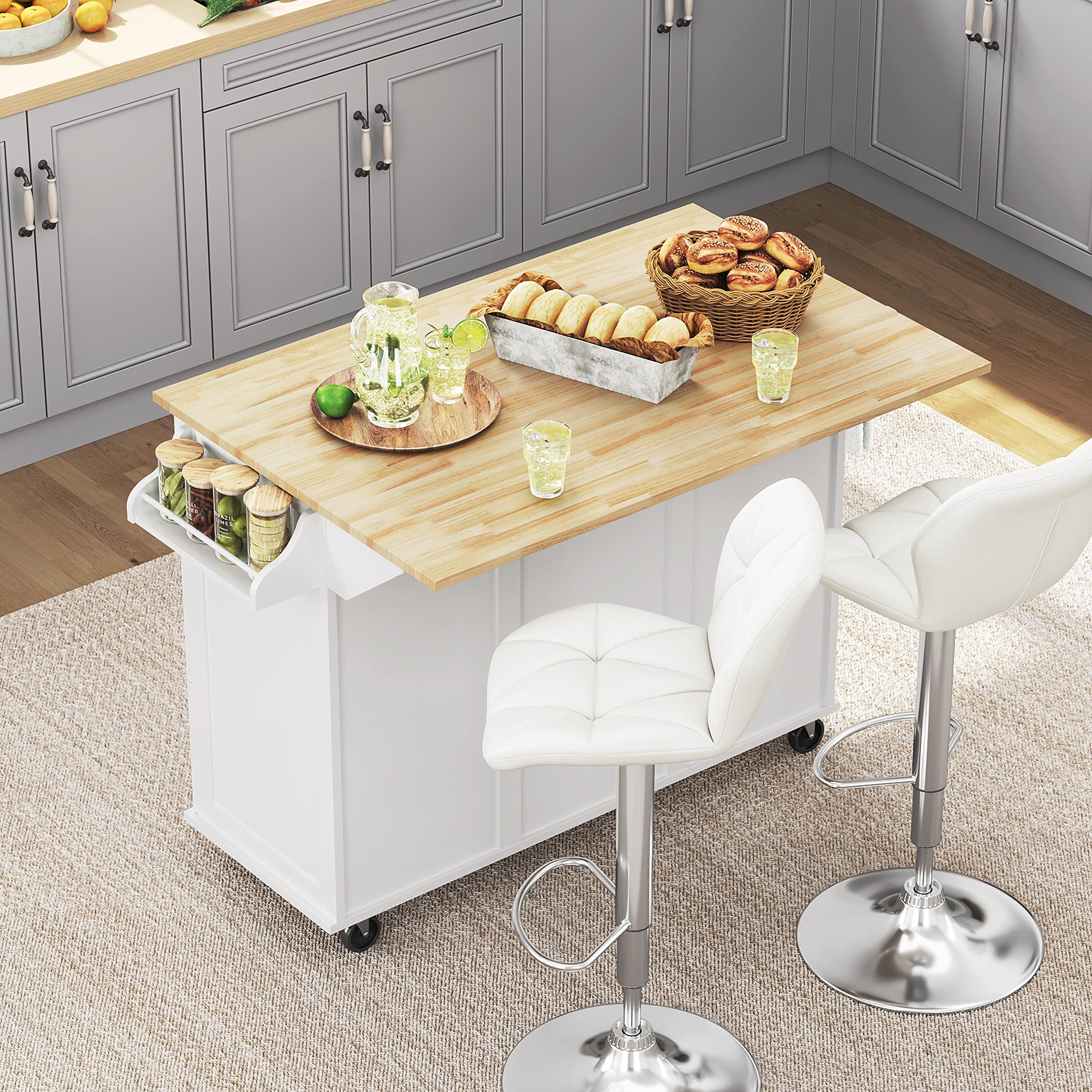 Yaheetech Kitchen Island with Drop-Leaf Breakfast Bar, 53 Width Kitchen Cart on 5 Universal Wheels with Rubberwood Top, Storage 