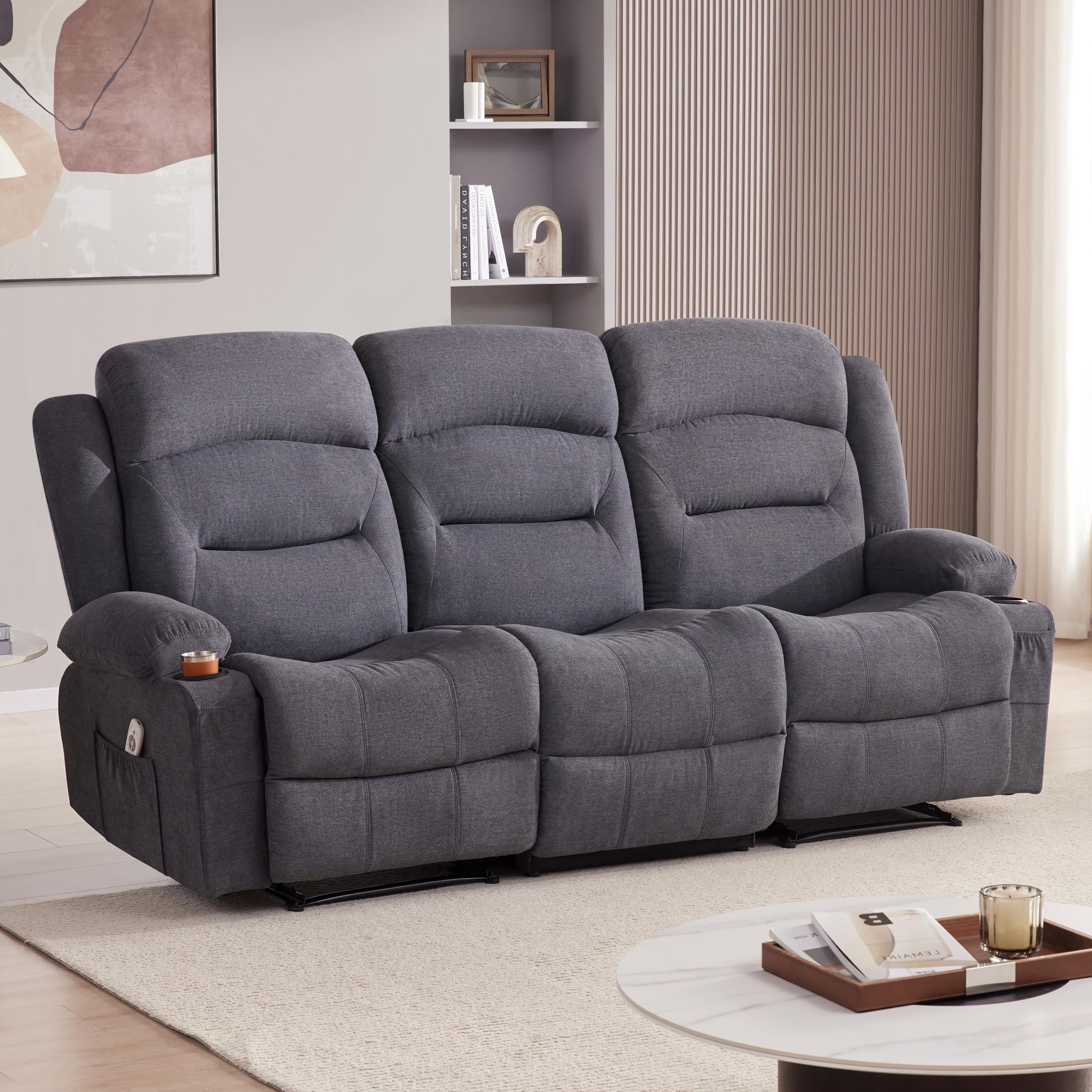 Weture Oversized Recliner Sofa with Heat and Massage, Wall-Hugger Reclining Sofa with USB Port and Cup Holders, Big Large 3-Seat