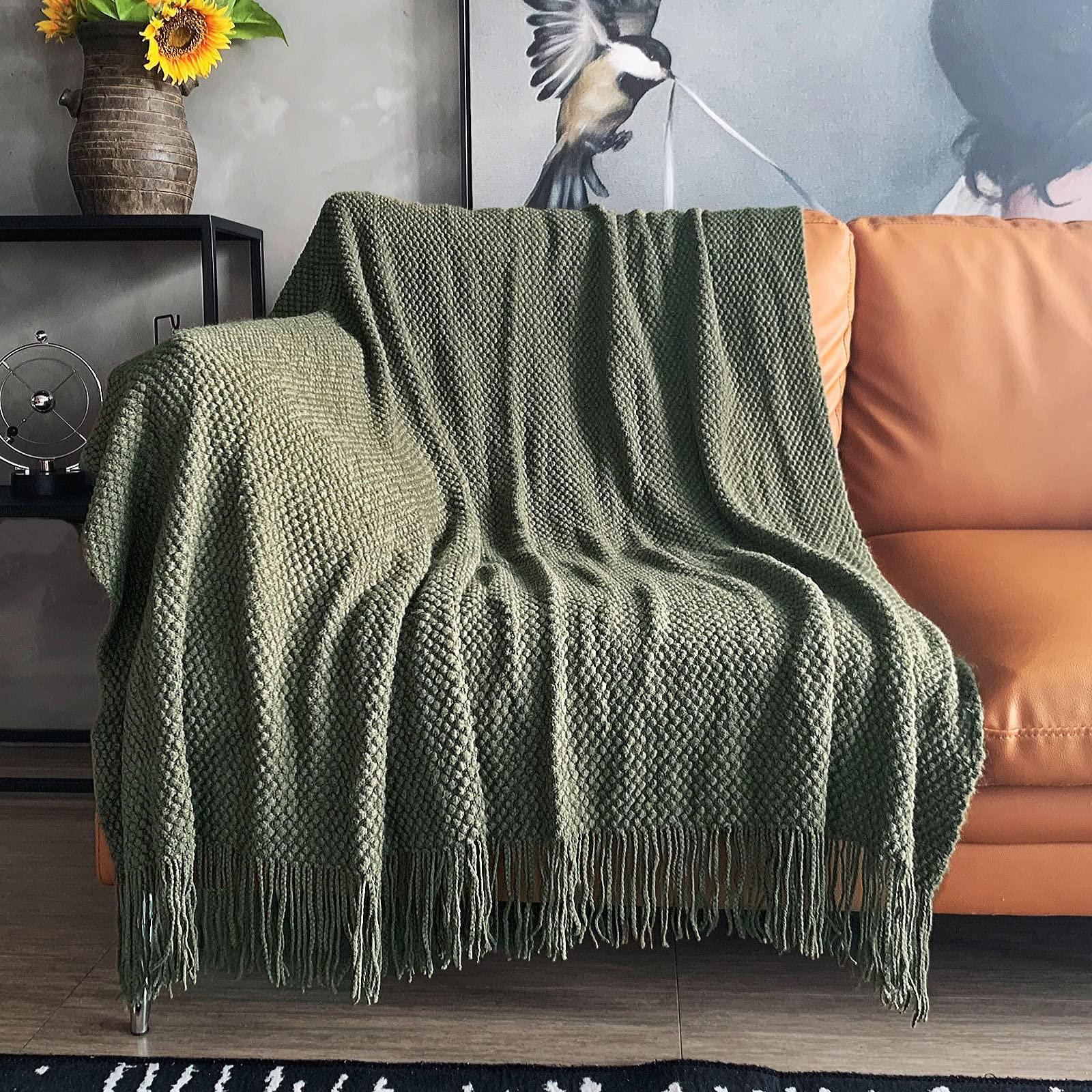 LOMAO Knitted Throw Blanket with Tassels Bubble Textured Lightweight Throws for Couch Cover Home Decor (Dark Olive, 60x80)