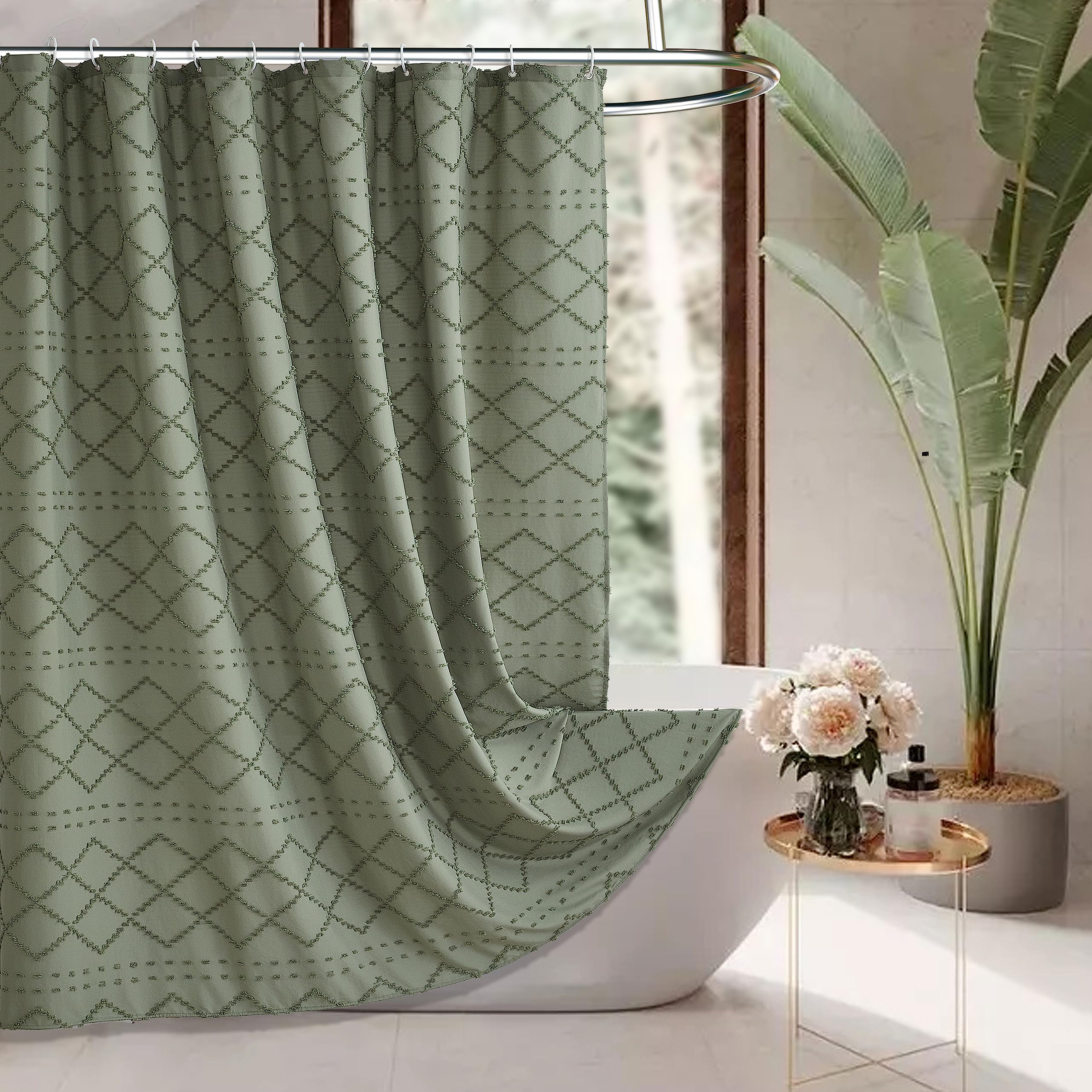 Siiluminisoy Sage Green Boho Shower Curtain Woven Fabric Cute Shower Curtain, 72 x 72 Tufted Chevron Textured Striped Modern Far