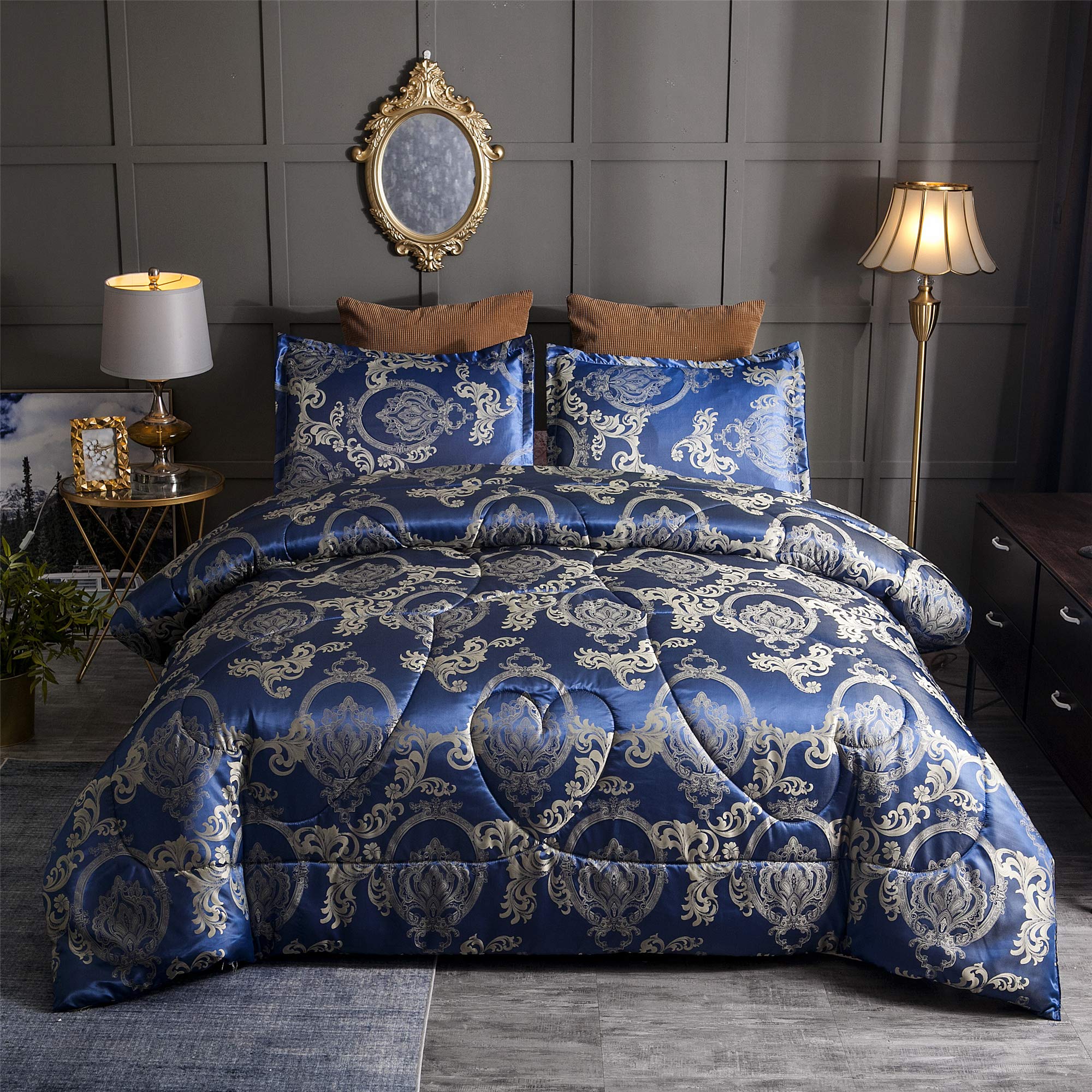 Raytrue-X King Comforter Set Silk Blanket All Season Bed Comforter King Set Royal Blue Jacquard Quilt Soft Microfiber Bedding Se