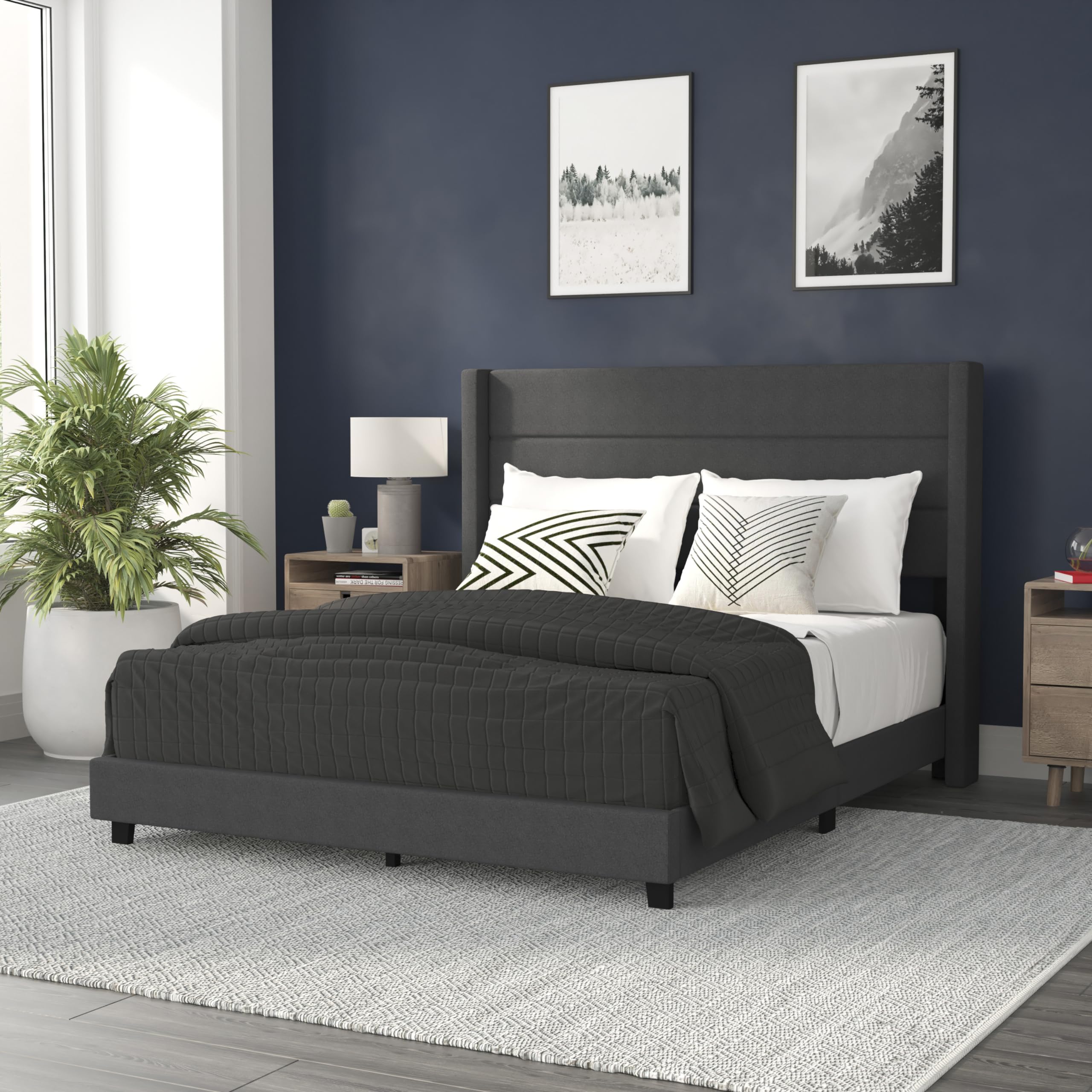 Flash Furniture Hollis Upholstered Platform Bed - Charcoal Faux Linen Wingback Headboard - Queen - Mattress Foundation with Slat
