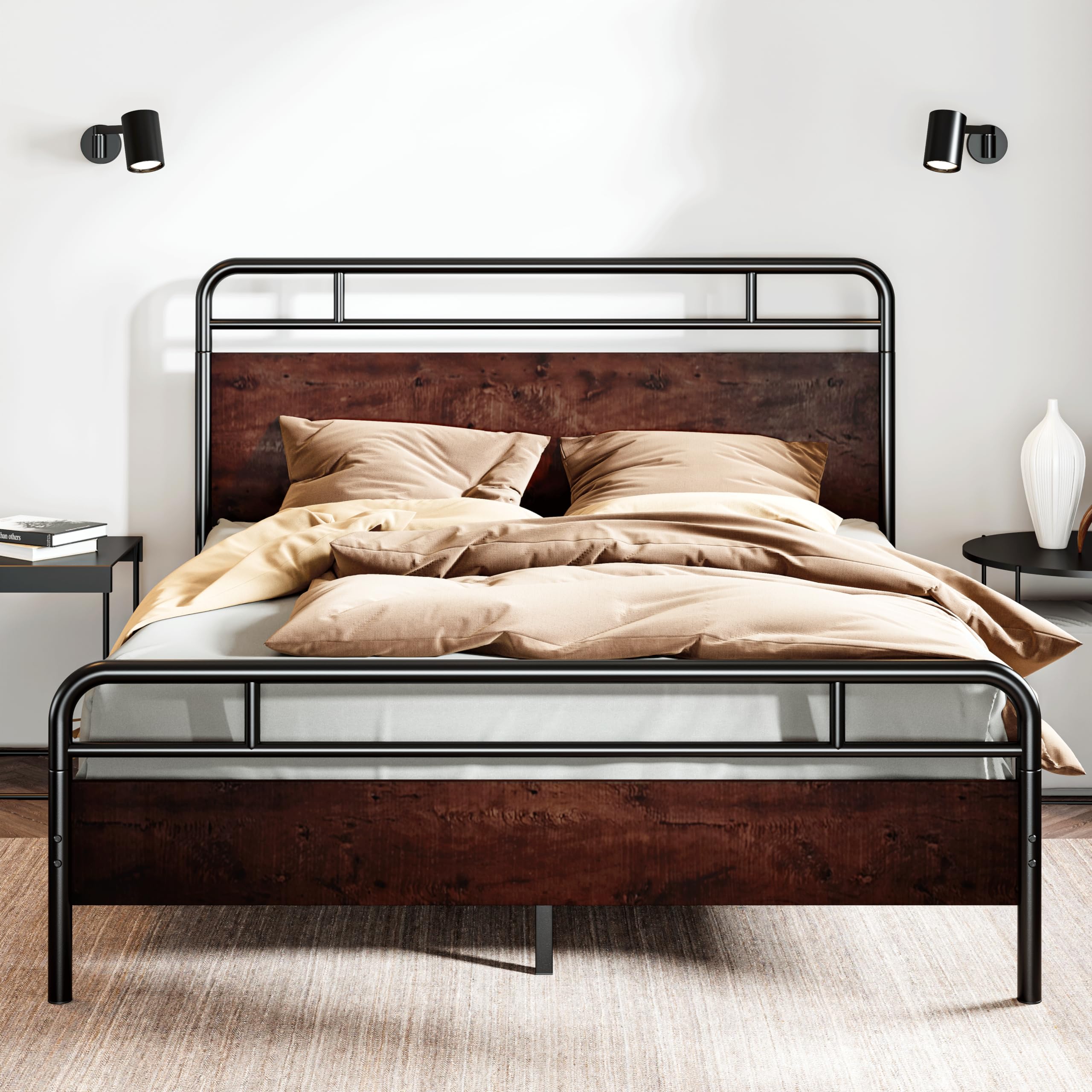 SHA CERLIN Queen Size Bed Frame with Wooden Headboard and Footboard, Rounded Corner Metal Structure, Heavy Duty Slats with Under
