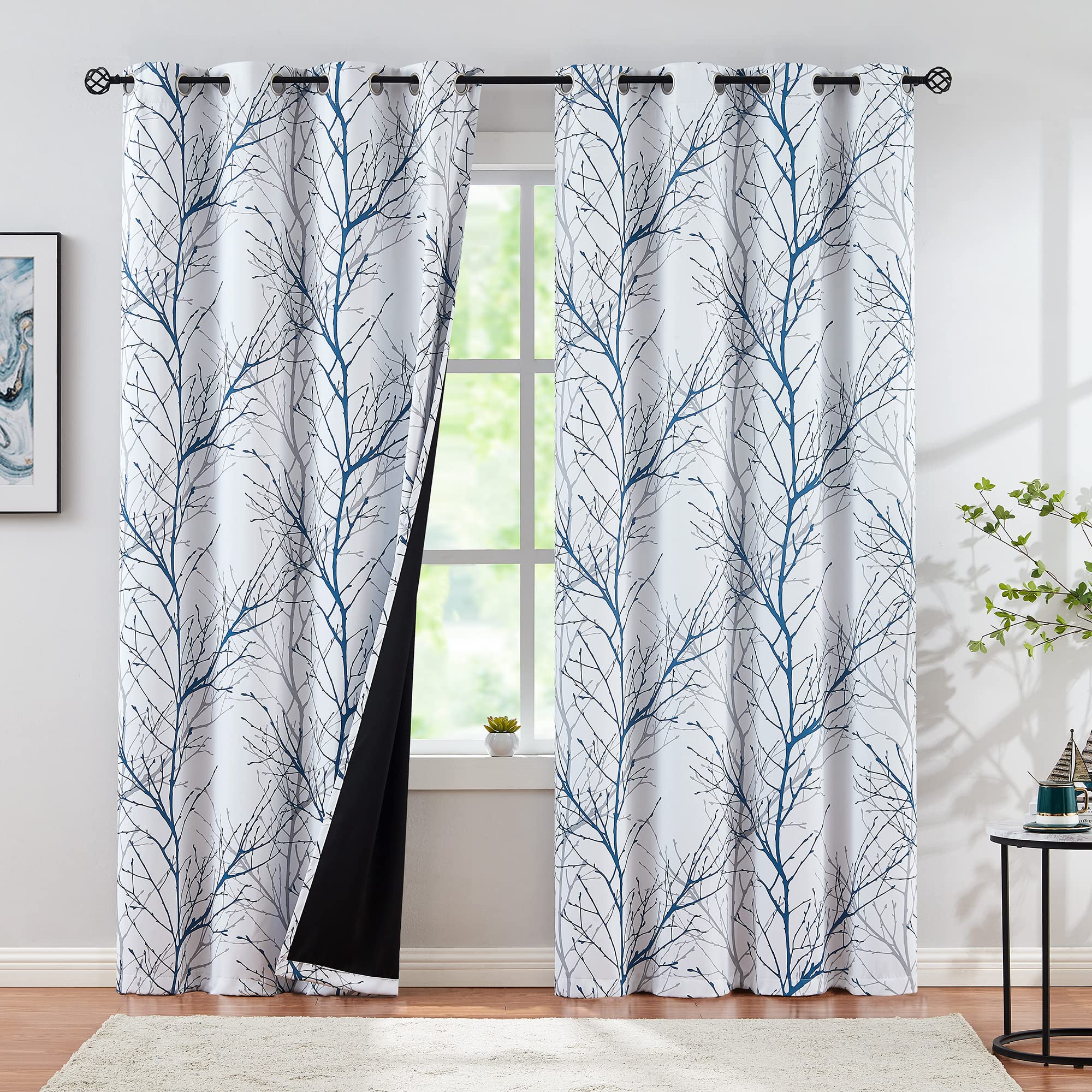 Blue-White Tree Blackout Curtains for Bedroom 84 Long Blue Grey Branch Curtain Drapes for Living Room Triple Weave Energy Saving