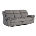 Benjara Fabric Upholstered Motion Sofa with Console and Cup Holder, Gray