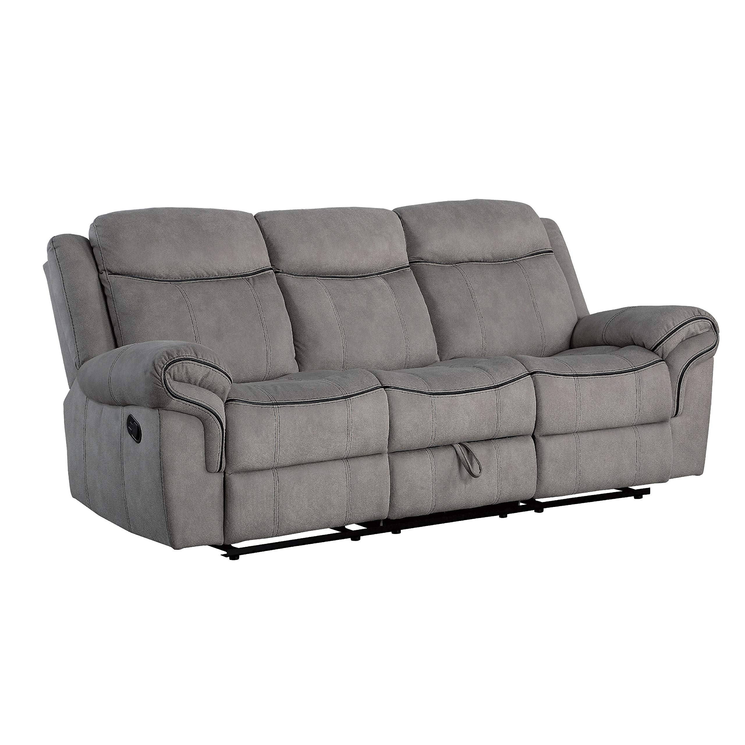 Benjara Fabric Upholstered Motion Sofa with Console and Cup Holder, Gray