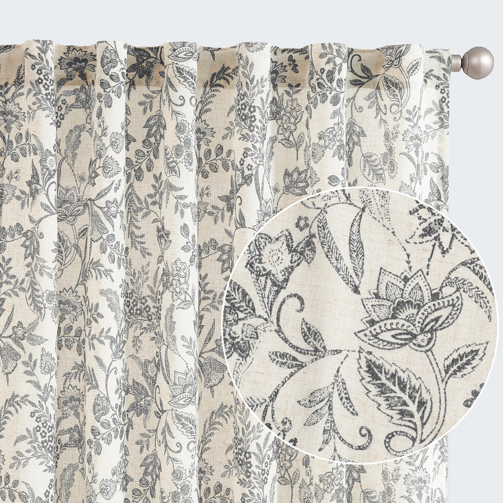 jinchan Floral Curtains Linen Curtains for Living Room Black French Country Farmhouse Curtains 96 Inches Long Light Filtering Wi