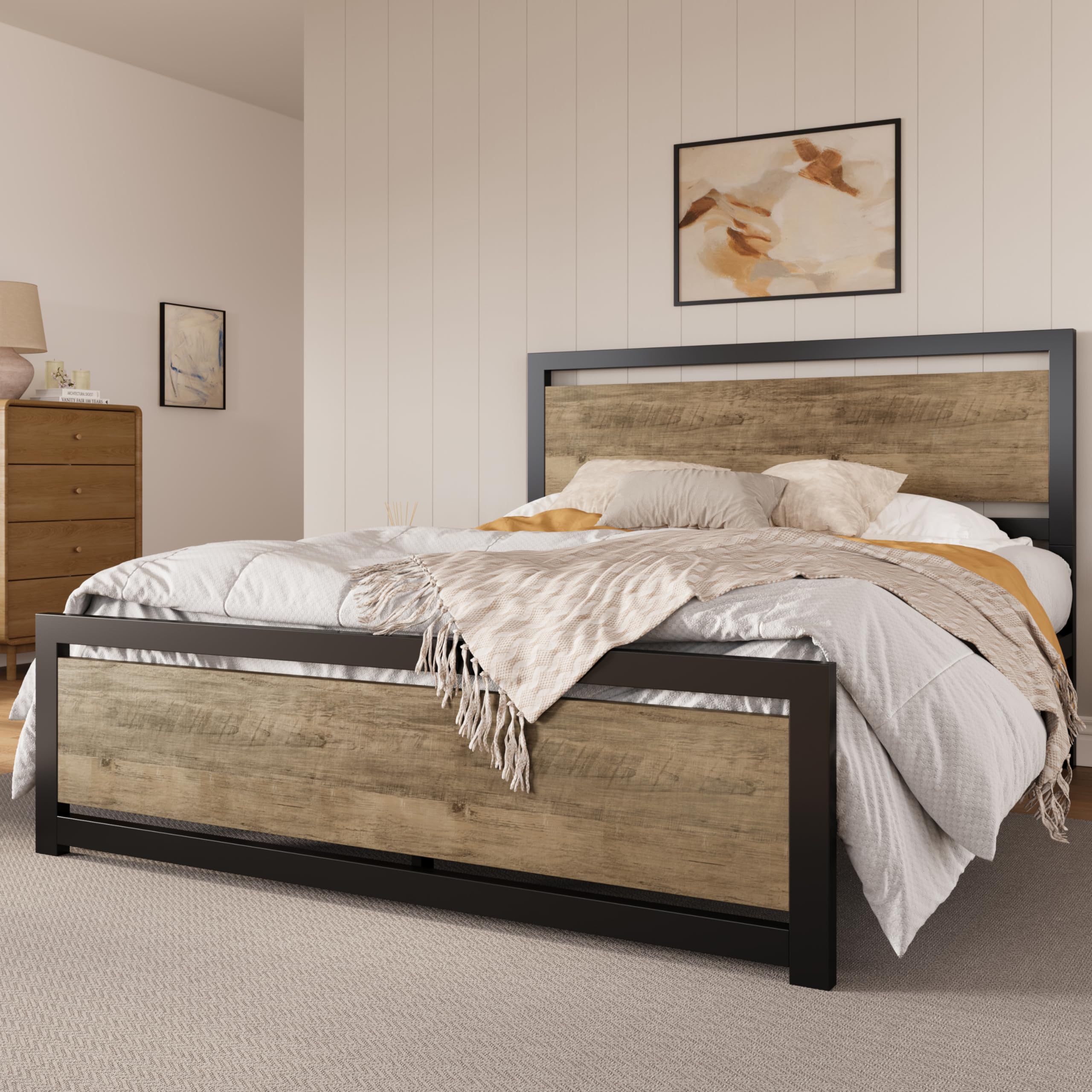SHA CERLIN Queen Size Bed Frame with Modern Headboard, Heavy Duty Platform Metal Base with Square Footboard and 13 Strong Slats 