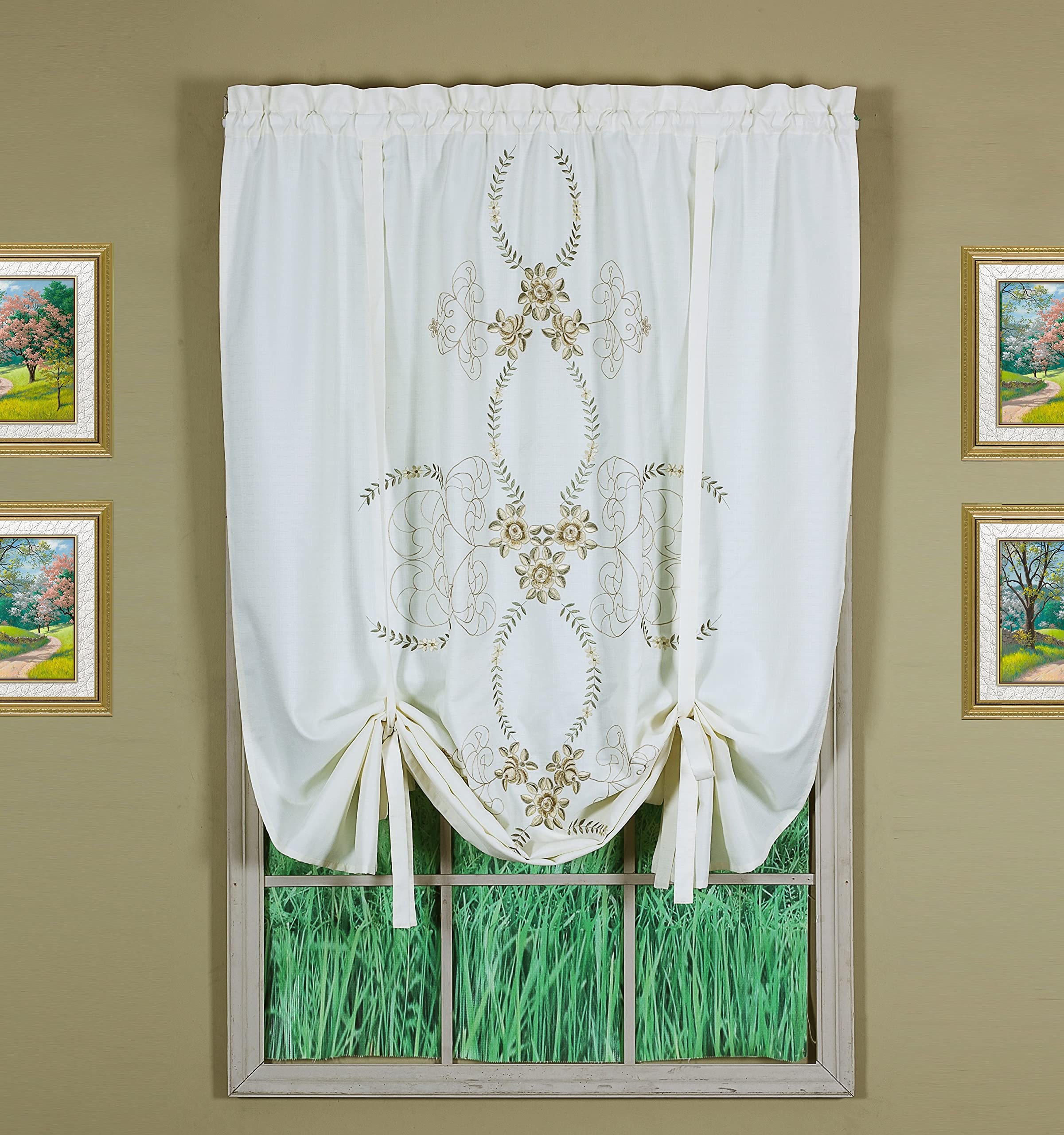 Todays Curtain Verona Reverse Embroidery Tie-Up Shade, 63, Ecru/Antique