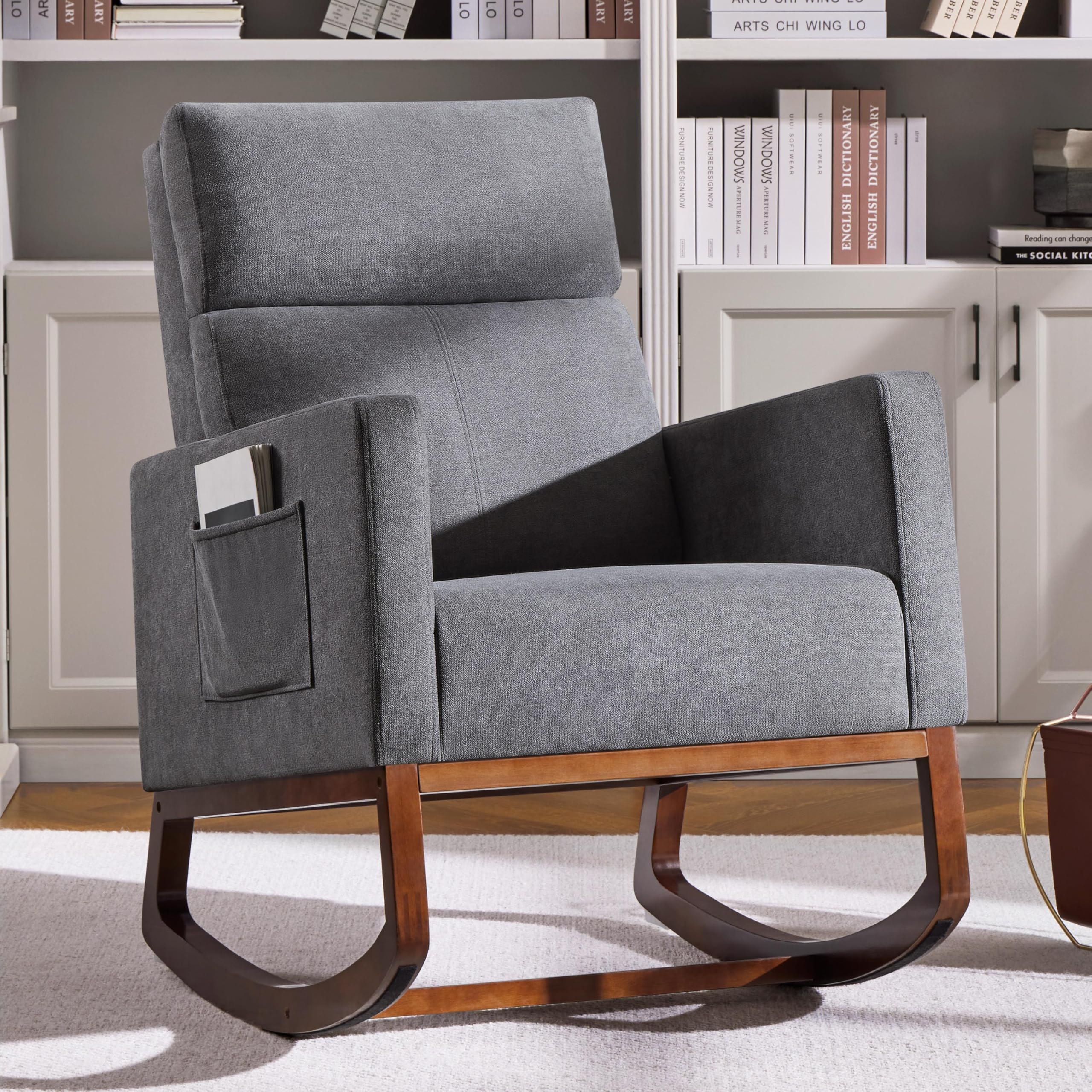 Yaheetech Rocking Chair, Upholstered Glider Chair with Side Pocket, Nursery Chair with High Backrest and Rubber Wood Legs, Rocki