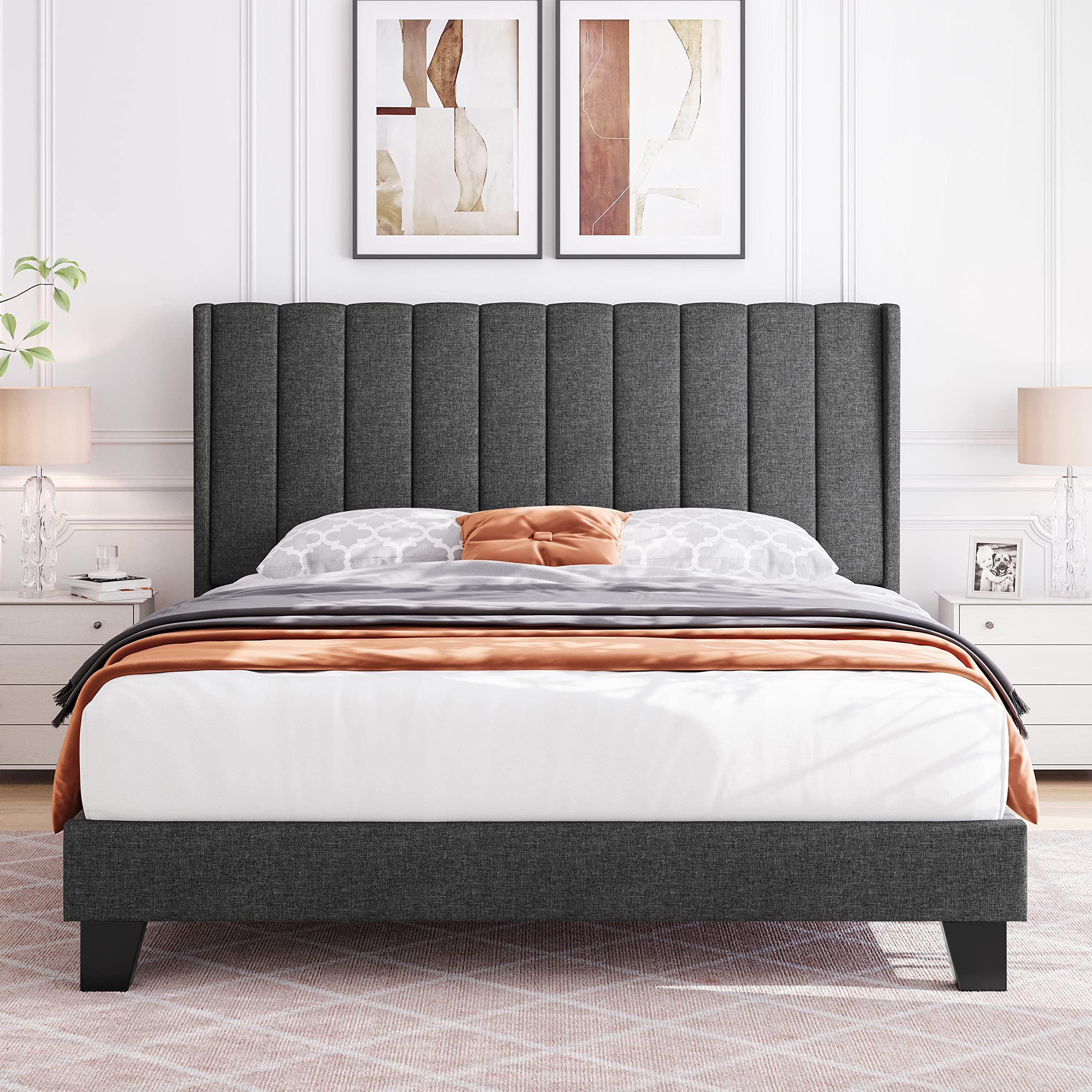 Yaheetech Full Bed Frame Upholstered Platform Bed with Fabric Headboard, Wing Edge Design/Non-Slip and Noise-Free/Wooden Slats S