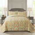 NEWLAKE Cotton Bedspread Quilt Sets-Reversible Patchwork Coverlet Set, European Beige Floral Pattern, King Size