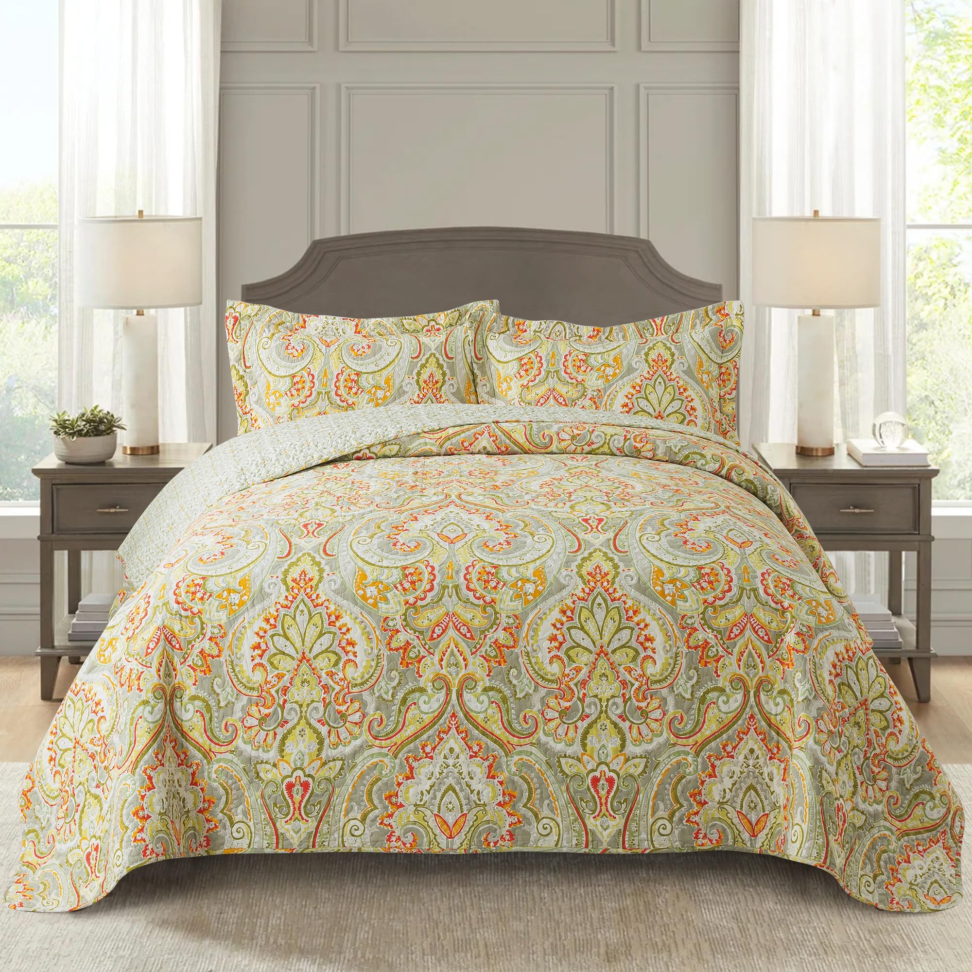 NEWLAKE Cotton Bedspread Quilt Sets-Reversible Patchwork Coverlet Set, European Beige Floral Pattern, Queen Size