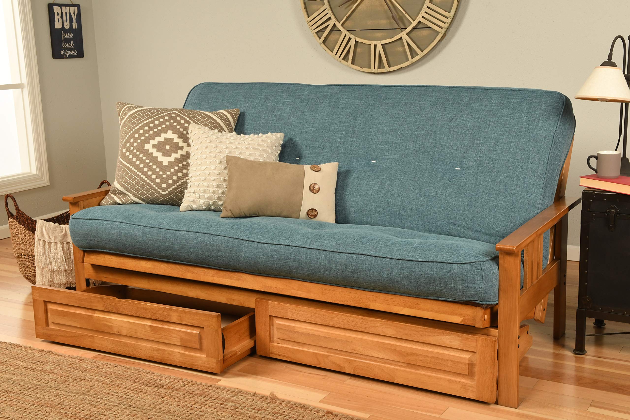 Kodiak Furniture Monterey Futon Set with Storage Drawers, with Butternut Base and Linen Aqua Mattress