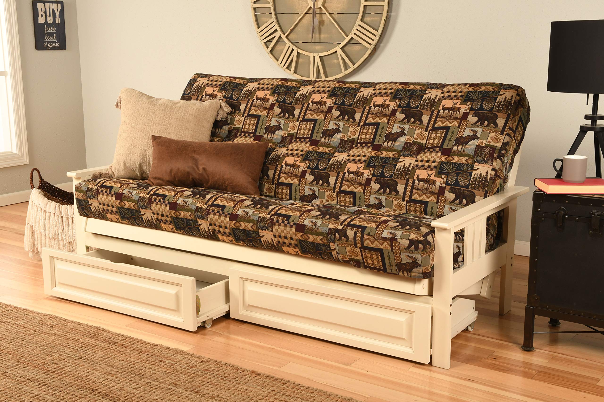 Kodiak Furniture Monterey White Storage Futon with Multi-Color Fabric Mattress