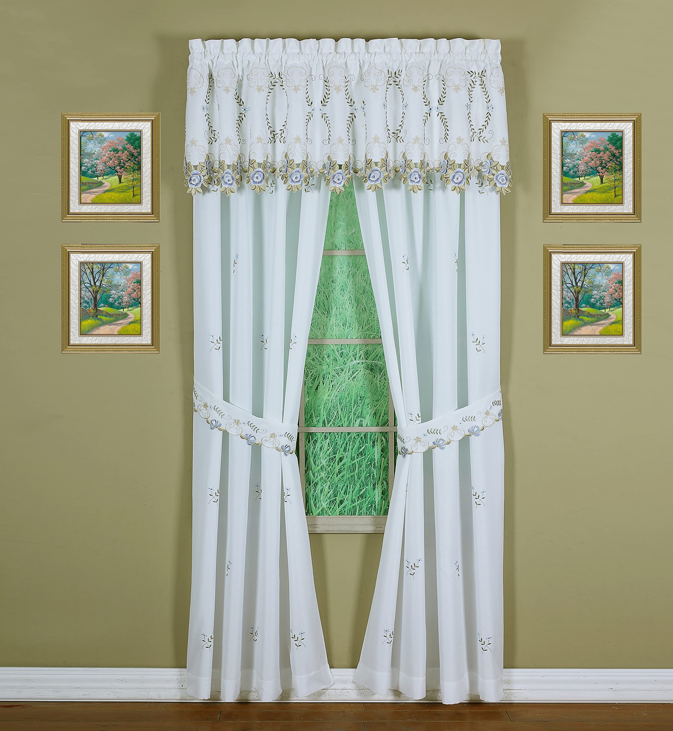 Todays Curtain Verona Reverse Embroidery Panel Pair and Tiebacks, 63, White/Blue