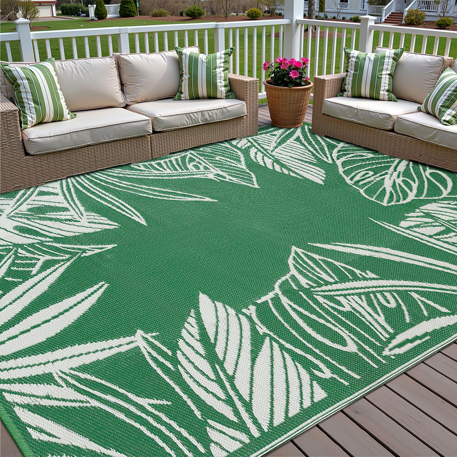 WondRg Outdoor Plastic Straw Rug Waterproof Patio 5x8 Blue Teal Stripe Mat for Porch Camping RV Balcony Deck Courtyard Reversibl