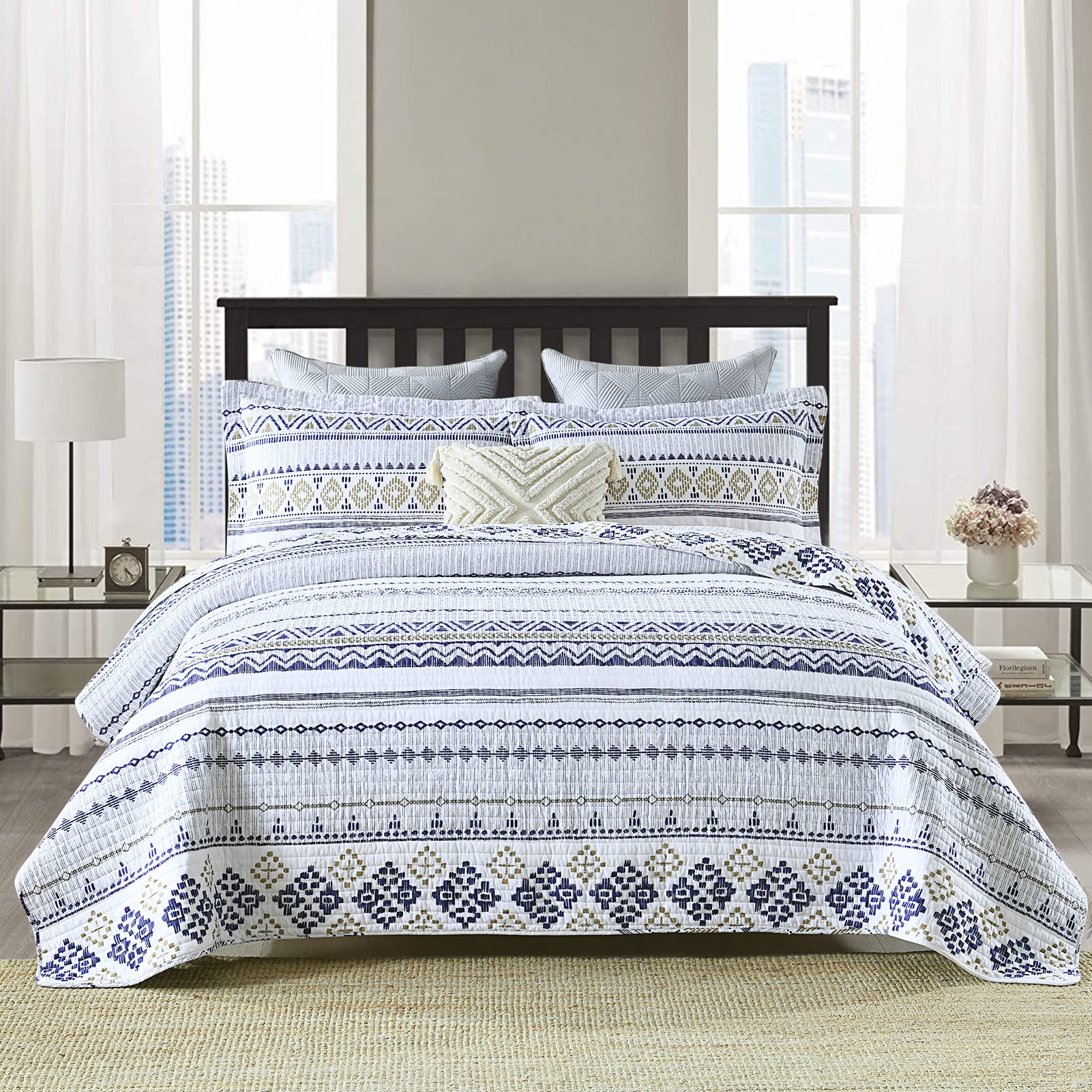 SahSahCasa Quilt King Size, King Quilt Set, 100% Cotton Boho Quilt, King Quilt Bedding Set Bedspreads, Bohemian Reversible Light