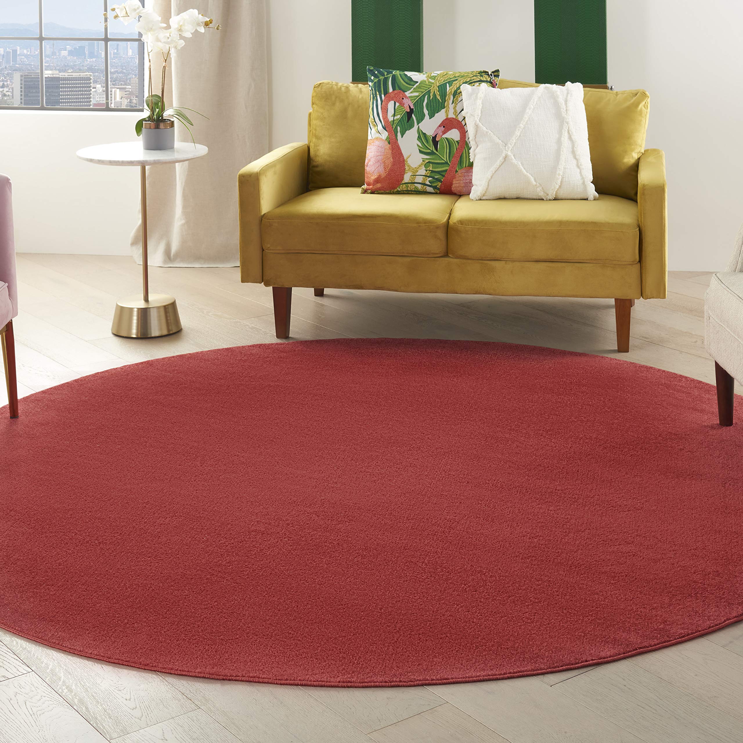 Nourison Essentials Indoor/Outdoor Brick Red 8 x Round Area Rug, Easy Cleaning, Non Shedding, Bed Room, Living Room, Dining Roo
