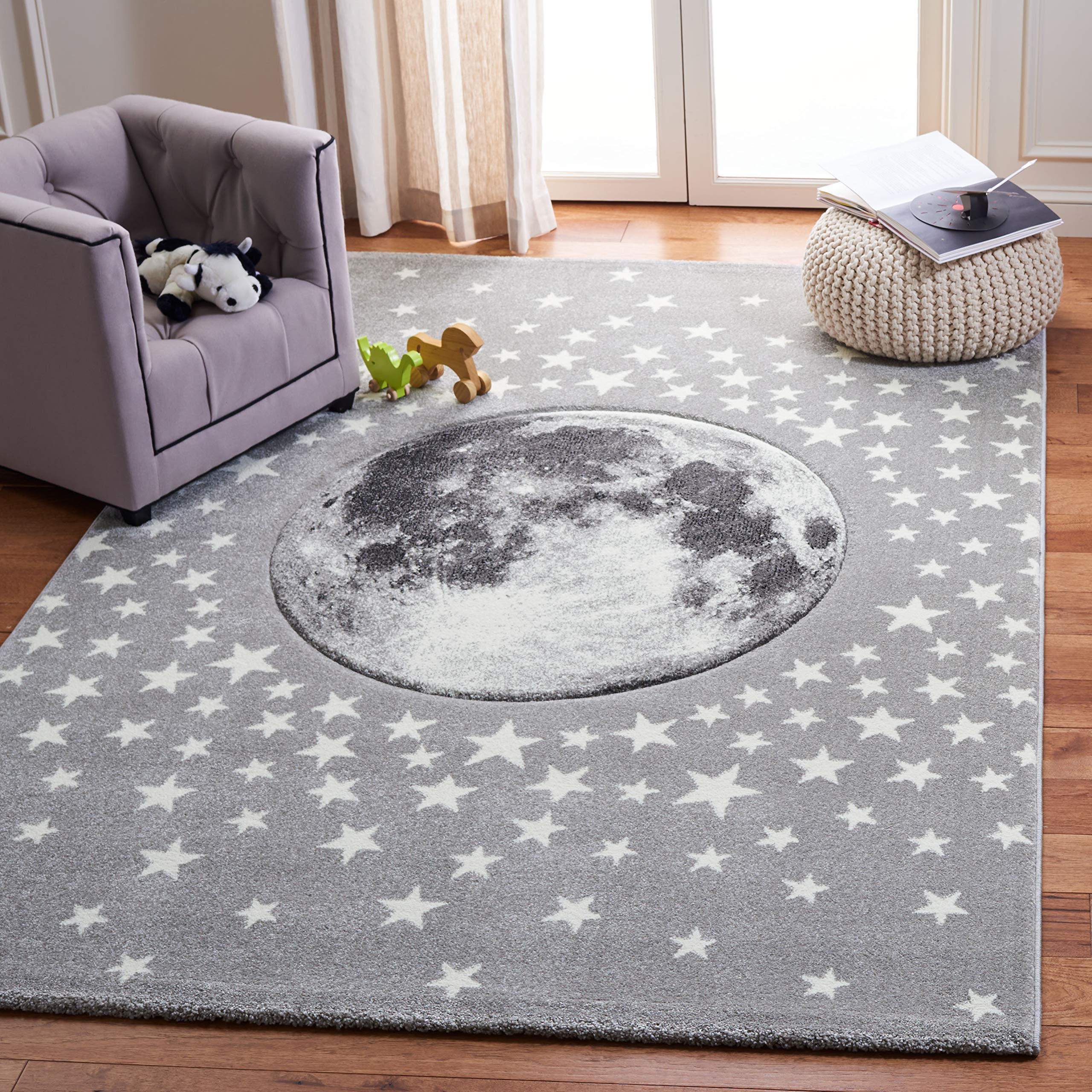 SAFAVIEH Carousel Kids Collection 4 Square Light Grey/White CRK135F Moon and Stars Non-Shedding Nursery Playroom Area Rug