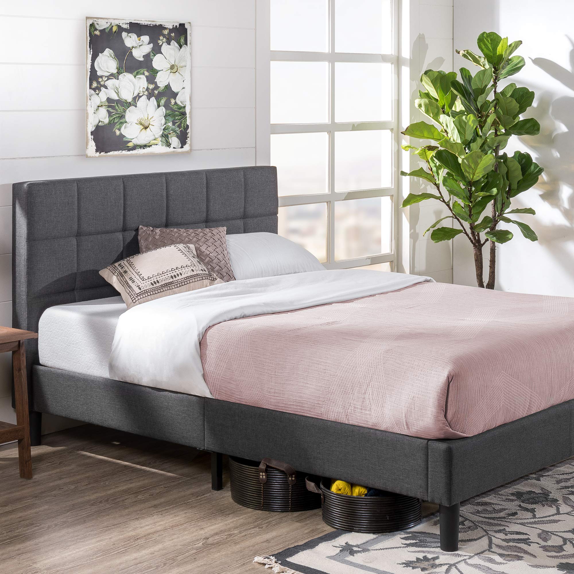 ZINUS Lottie Upholstered Platform Bed Frame, Mattress Foundation, Wood Slat Support, No Box Spring Needed, Easy Assembly, Grey, 