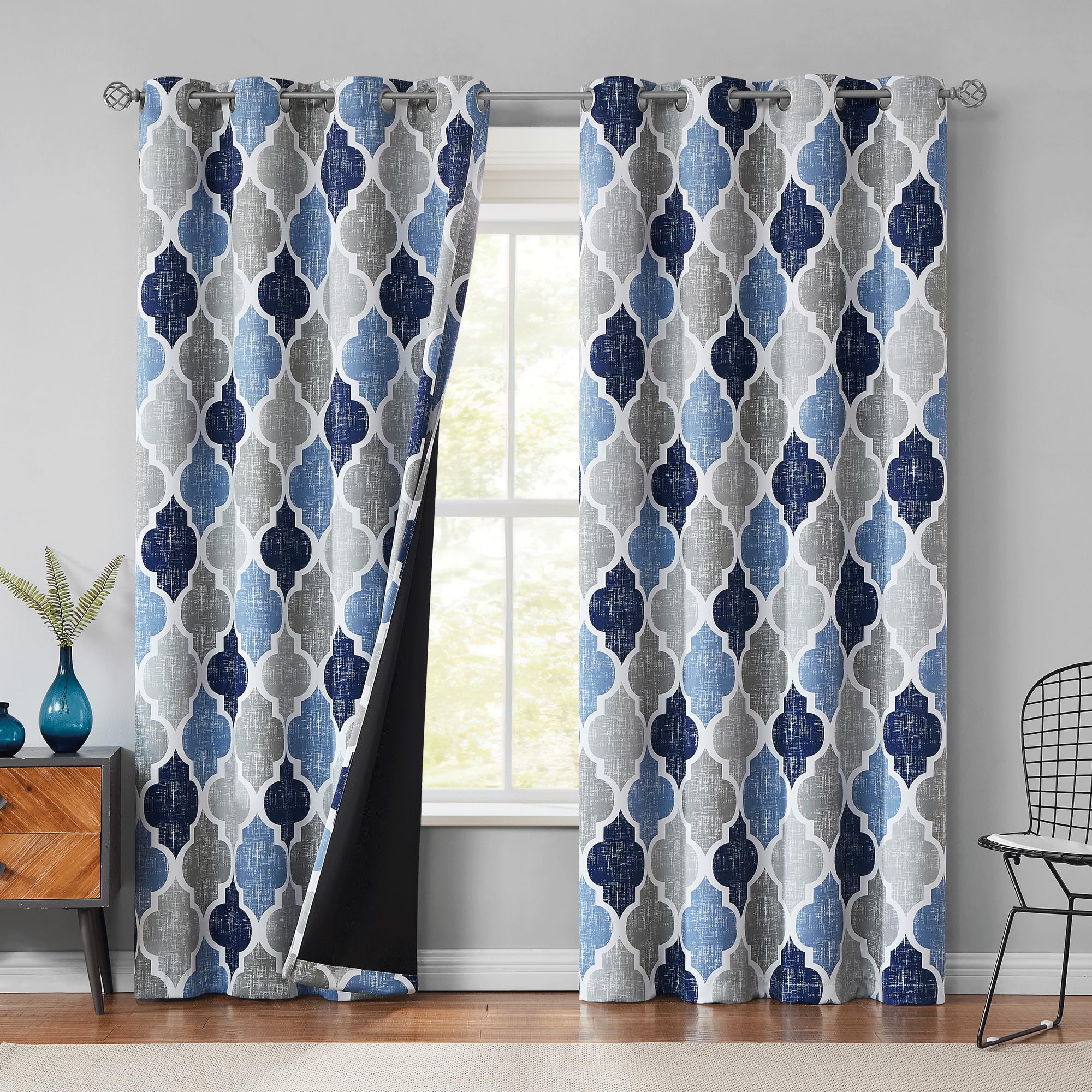 Beauoop 100% Blackout Curtains 84 Inches Long 2 Panels for Bedroom Living Room Blue Grey Moroccan Geo Room Darkening Thermal Ins