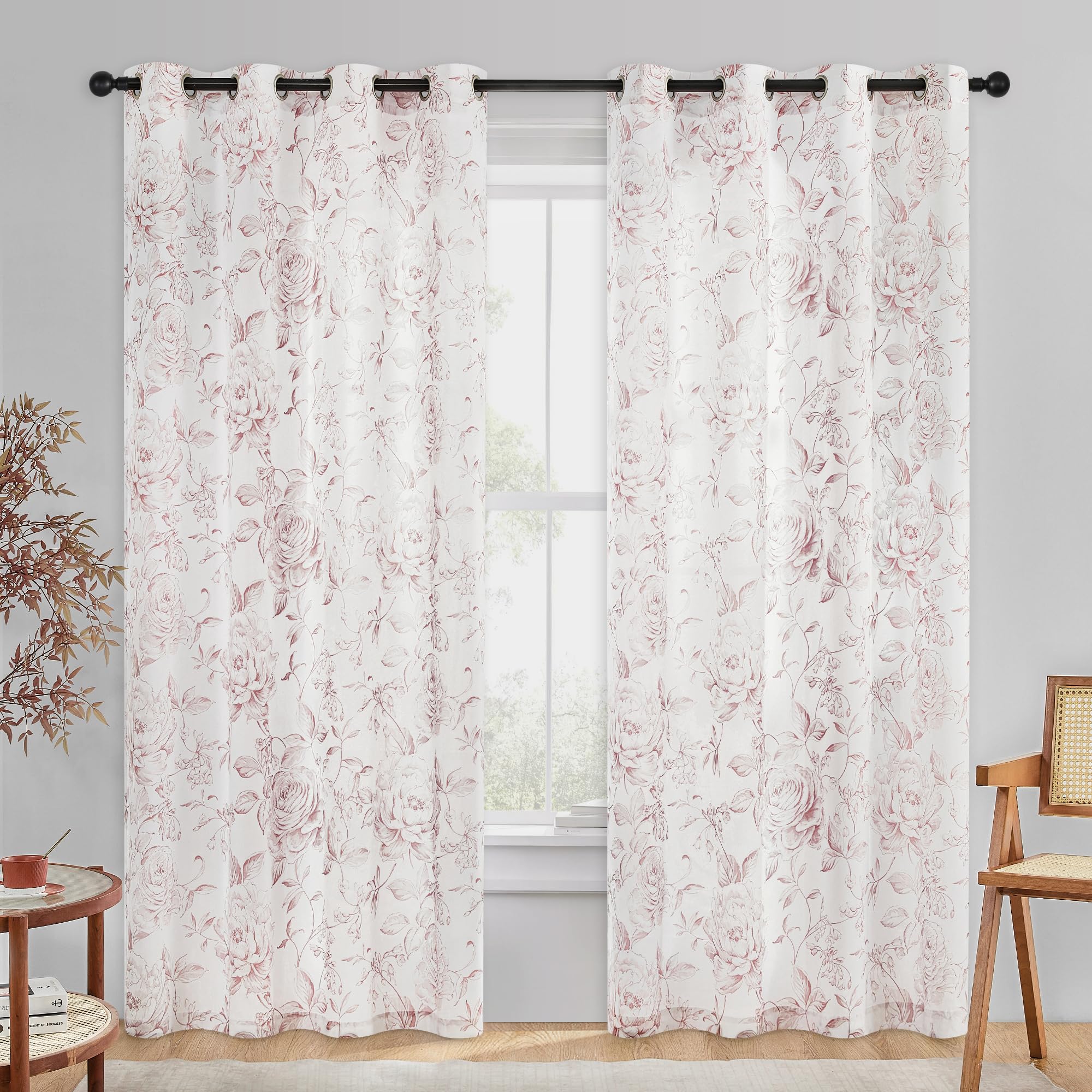 Beauoop Floral Curtains 84 Inches Long 2 Panels for Bedroom Living Room Pink Rose Flower Patterned Farmhouse Light Filtering Roo