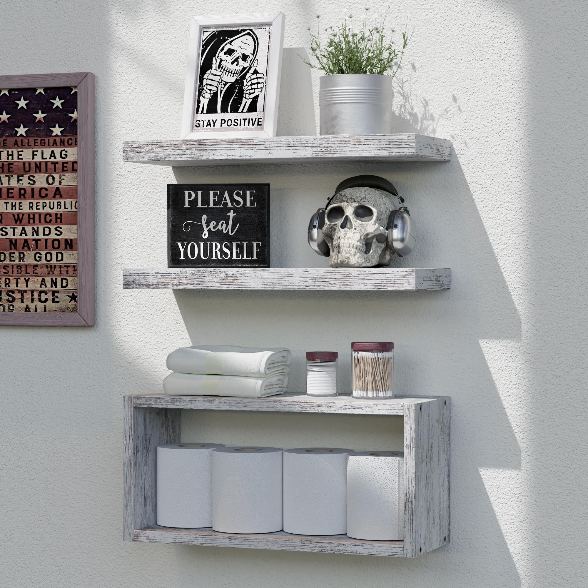 RICHER HOUSE Floating Shelves Set of 3, Farmhouse Wall Shelves with Invisible Brackets, Over Toilet, for Bathroom, Bedroom, Livi
