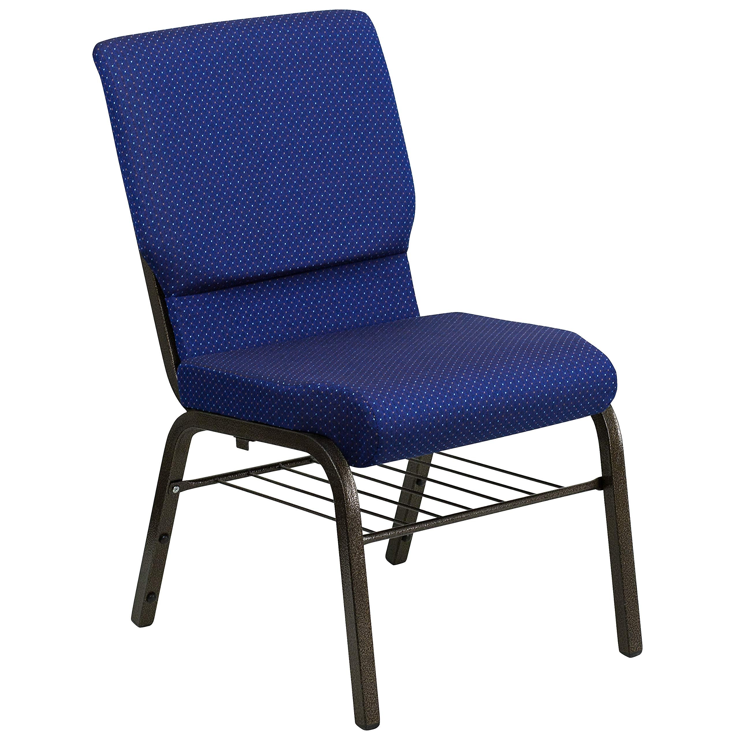 Flash Furniture HERCULES Series 18.5W Church Chair in Navy Blue Patterned Fabric with Book Rack - Gold Vein Frame