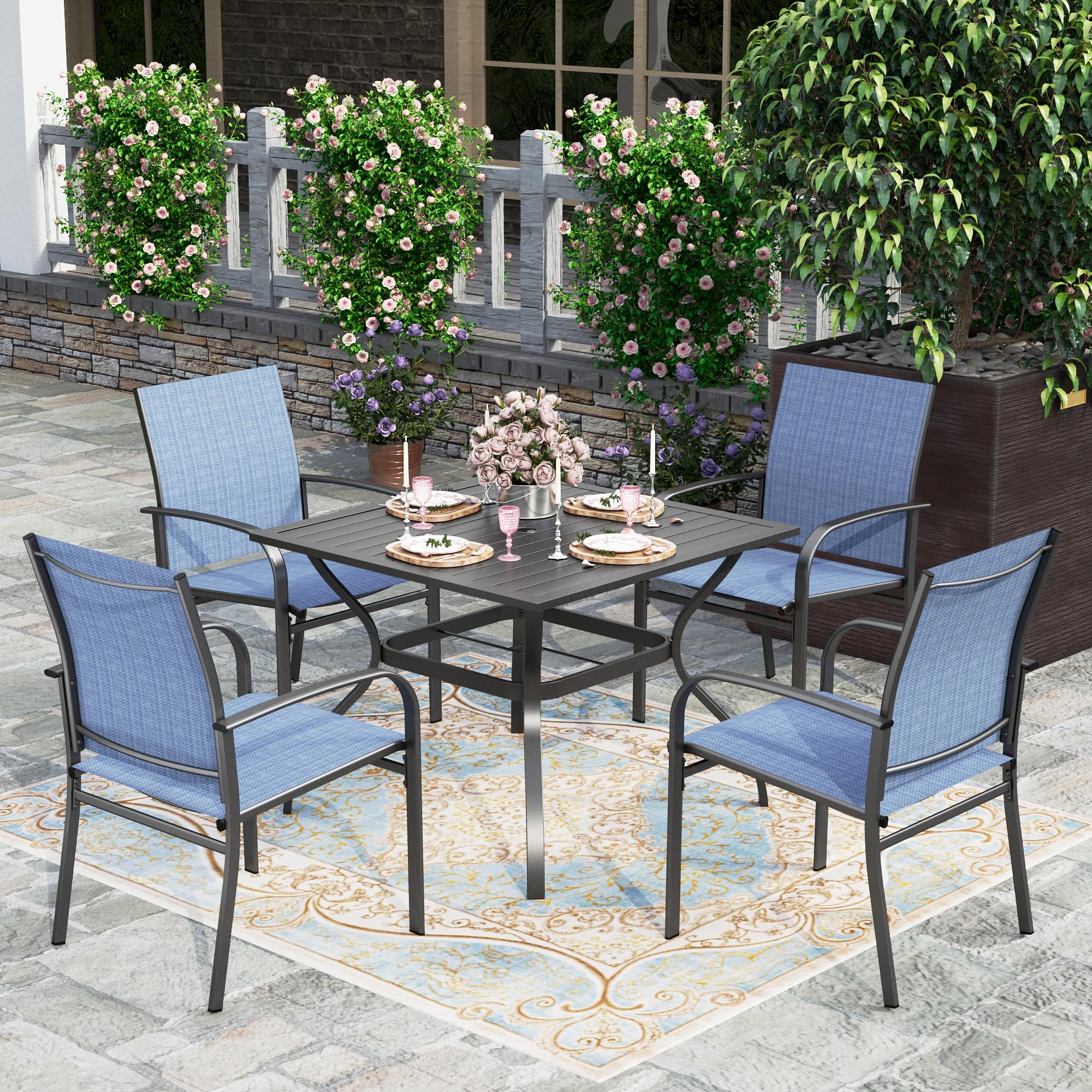 HERAS HOUSE 5 Pieces Patio Dining Set, Outdoor Table and Chairs Set for 4, 4 x Blue Textilene Dining Chair, 37 Square Metal Din