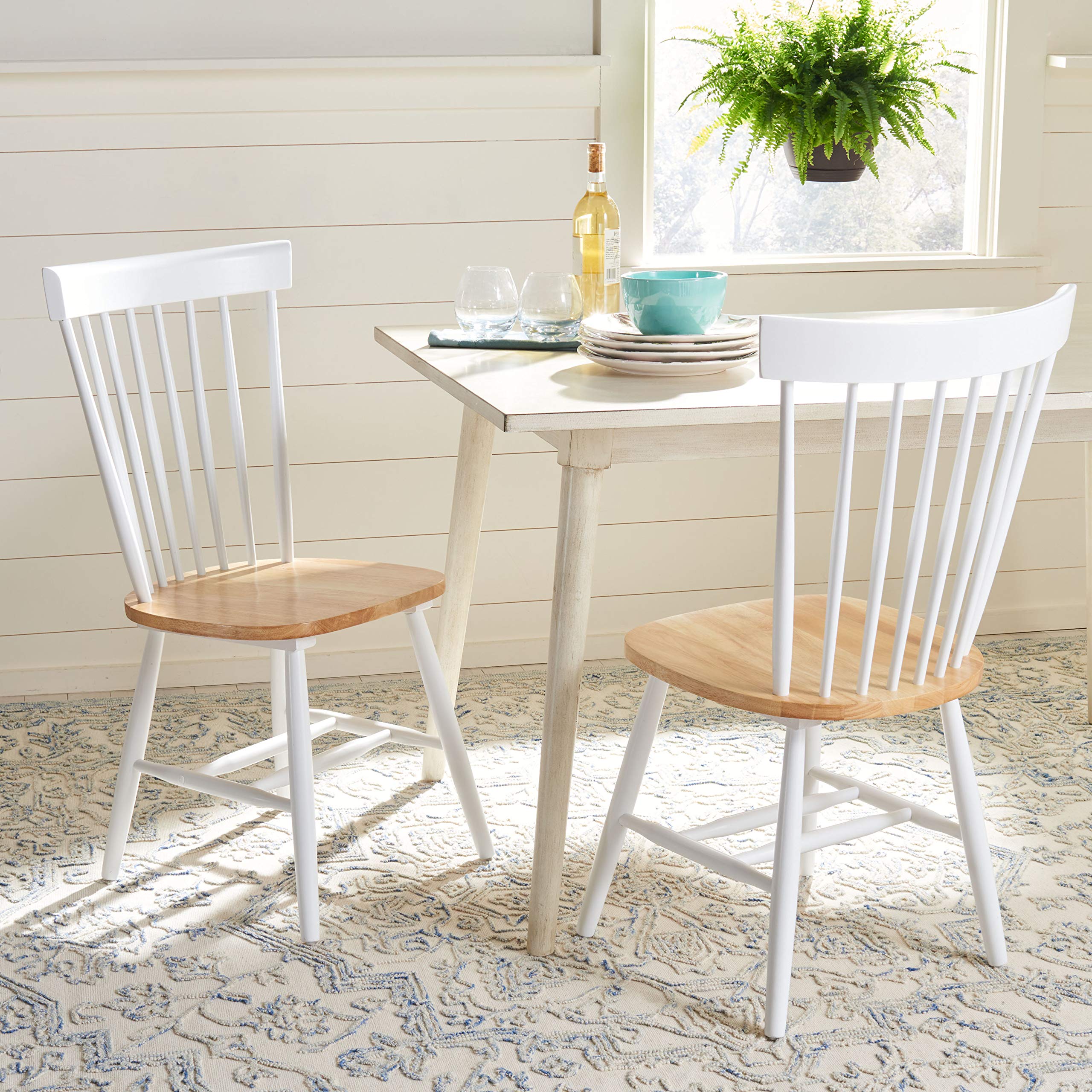SAFAVIEH Home Collection Parker Farmhouse White/Natural Windsor Spindle Solid Wood Dining Chair Set of 2