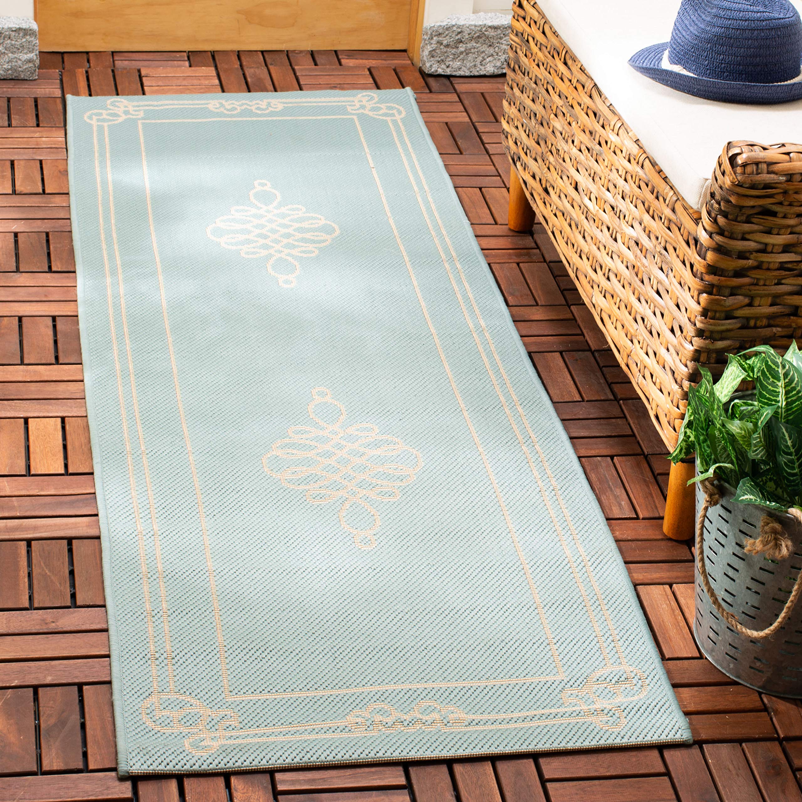 SAFAVIEH Courtyard Collection 27 x 82 Aqua / Cream CY6788 Indoor/ Outdoor Waterproof Easy Cleaning Patio Backyard Mudroom Runn