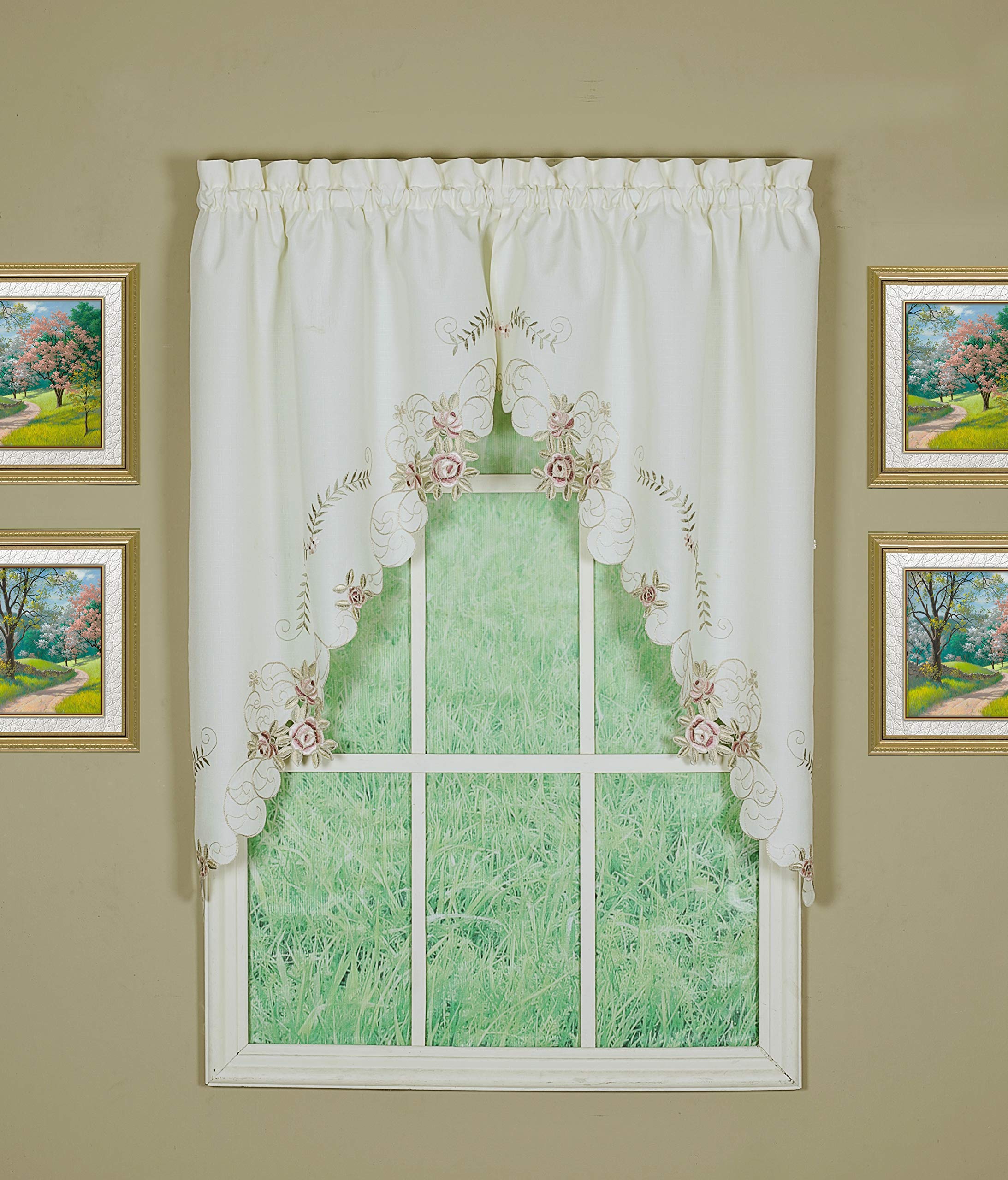 Todays Curtain Verona Reverse Embroidery Swag, 38, Ecru/Rose