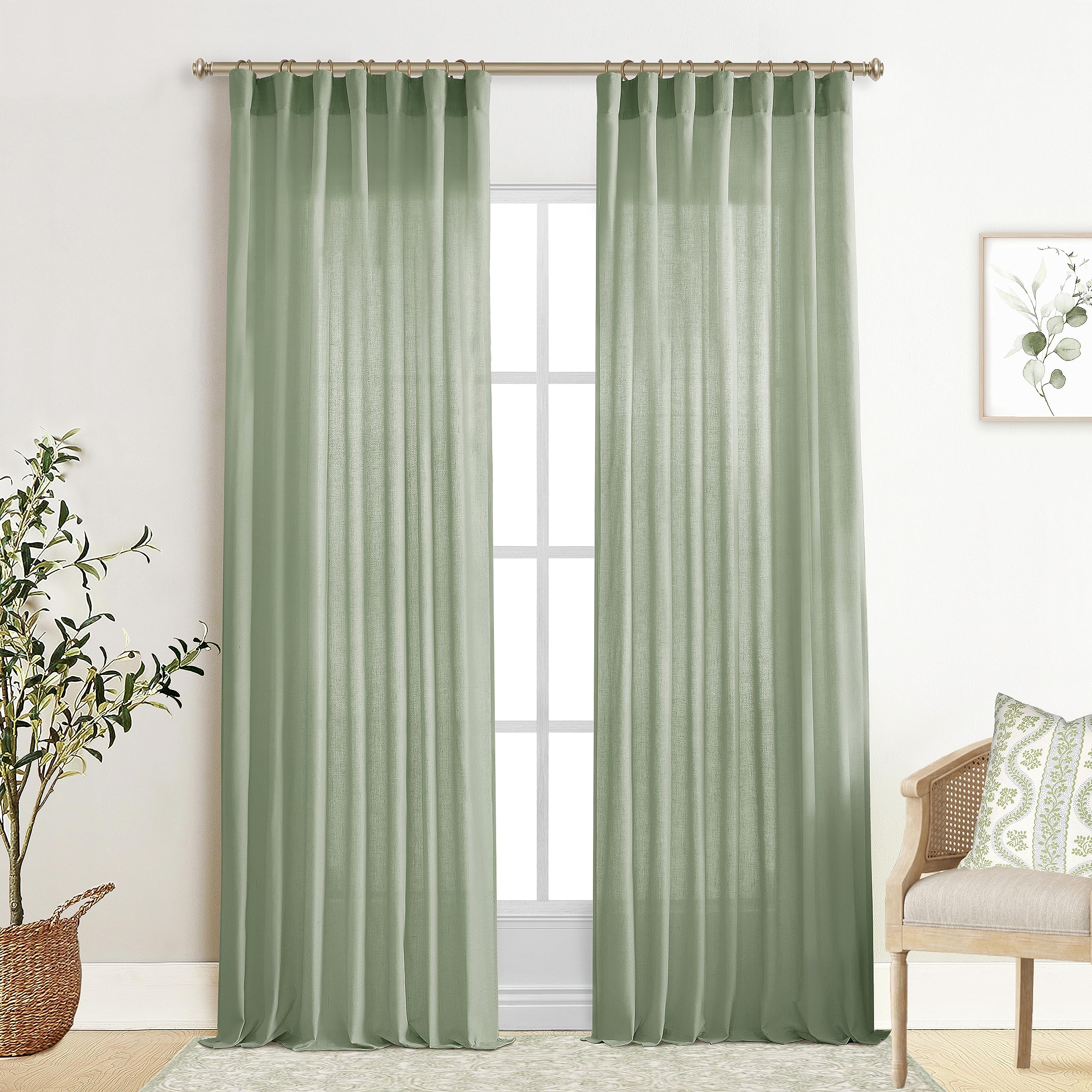 XTMYI Sage Green Curtains 84 Inches Long for Living Room,Window Coverings 60-70% Heat Blocking Hooks Pleated Back Tab Linen Summ