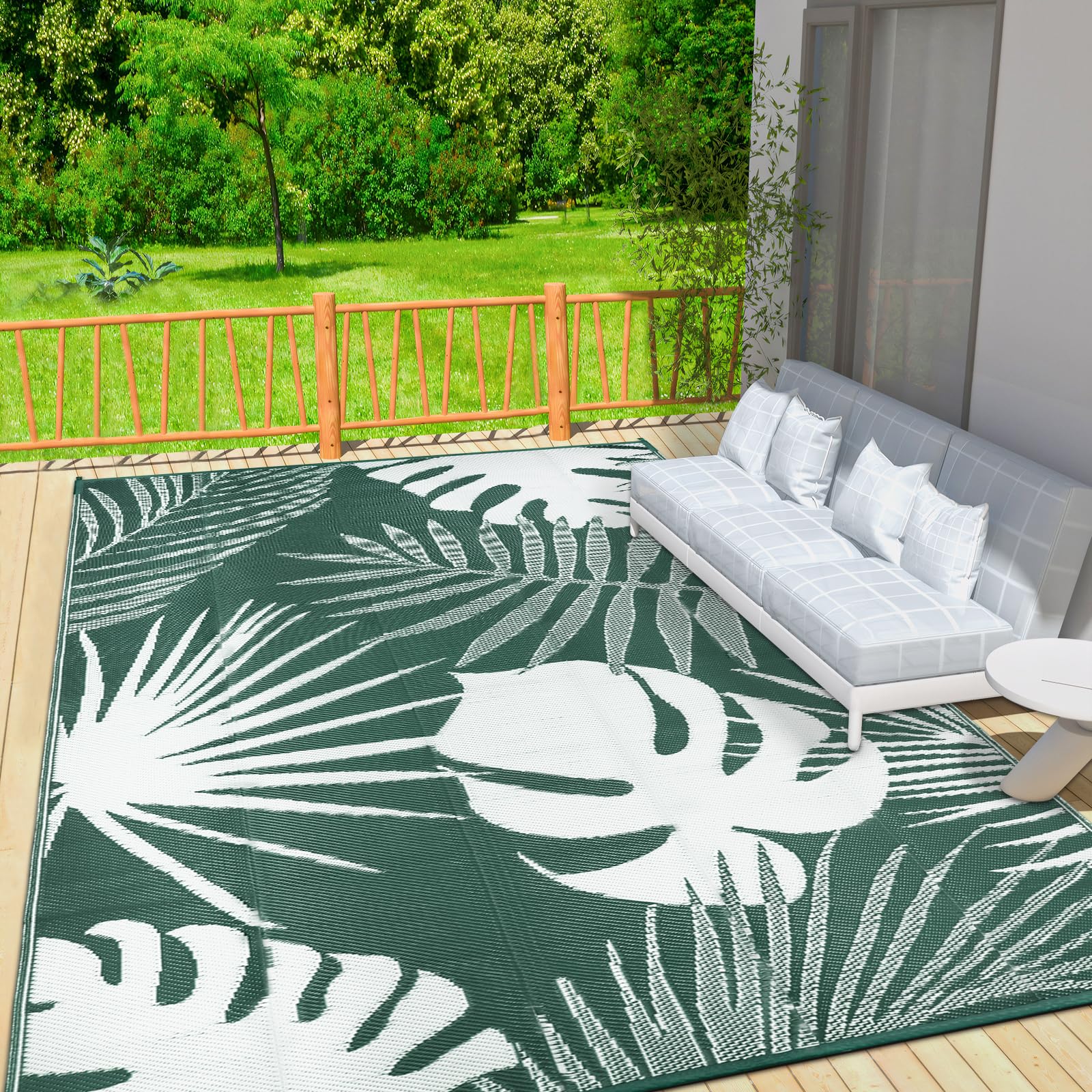 VSIWB Waterproof Outdoor Rug 9x12 ft, Reversible Plastic Straw Mat with Leaf Pattern, Large Floor Mat for Patio, Camping, Picnic