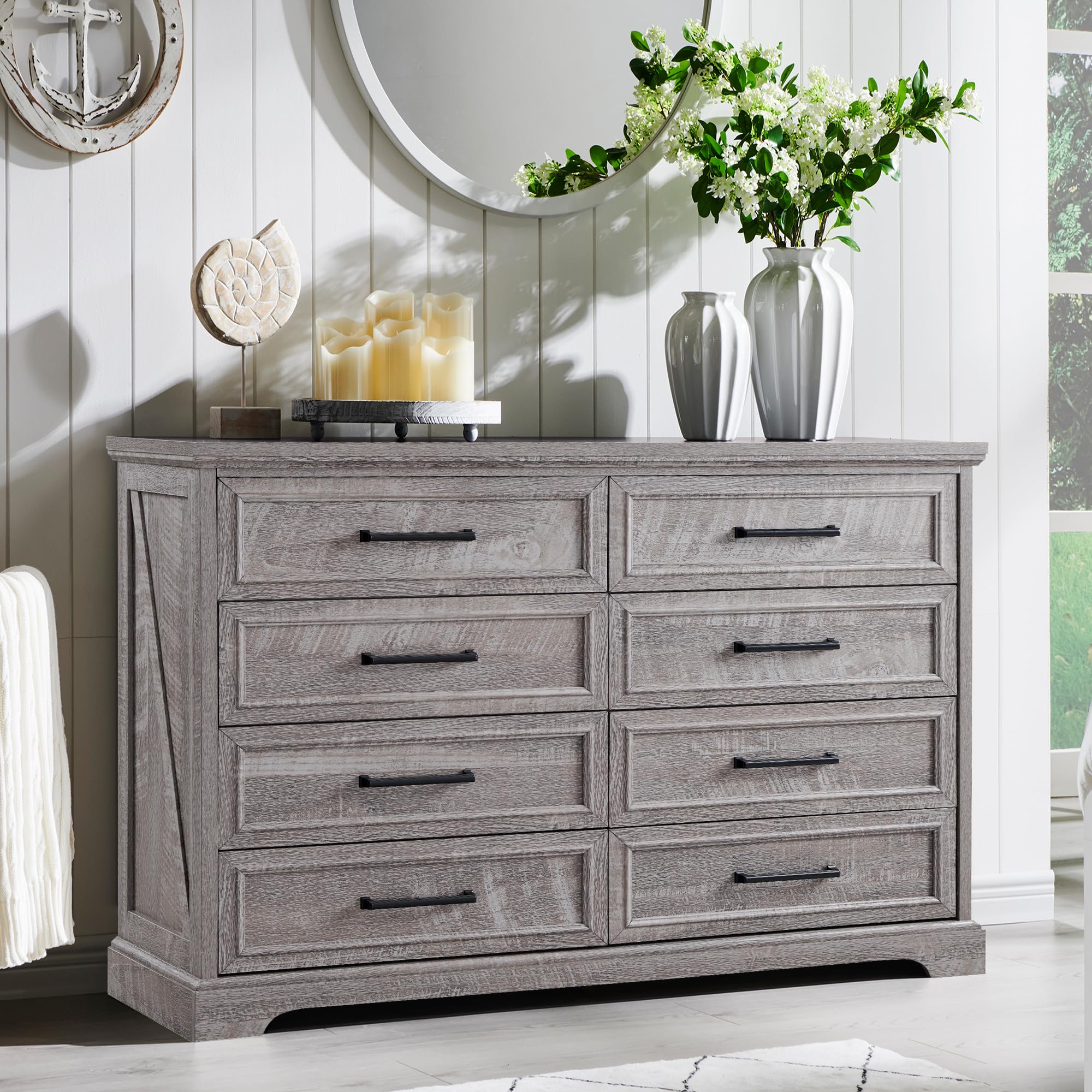 ACCOHOHO Farmhouse 8 Drawers Dresser Chests for Bedroom,52  Wide Wood Rustic Chest of Drawers with Metal Handle,Natural Texture,