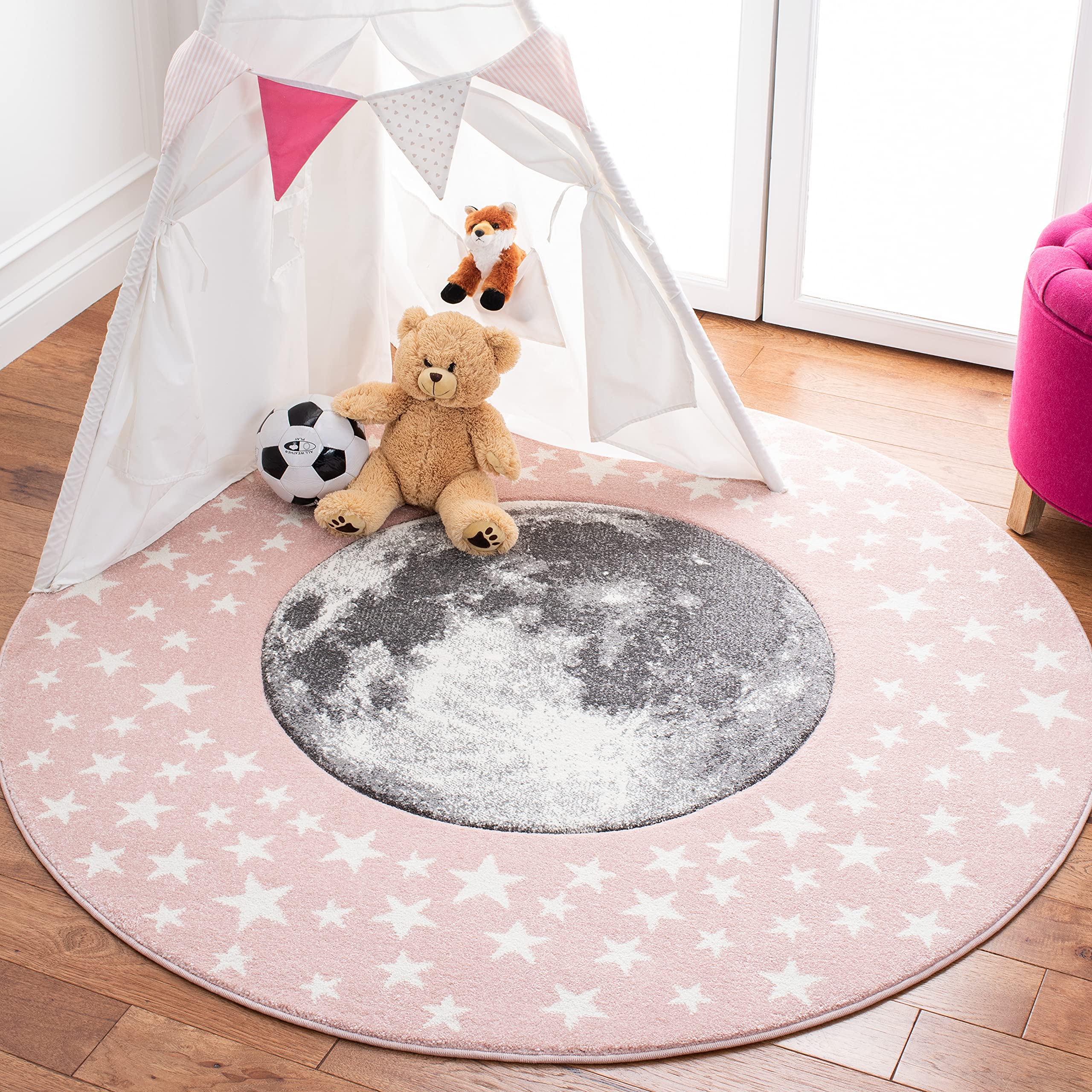 SAFAVIEH Carousel Kids Collection 4 Round Pink/Grey CRK135U Moon & Stars Non-Shedding Playroom Nursery Bedroom Area Rug