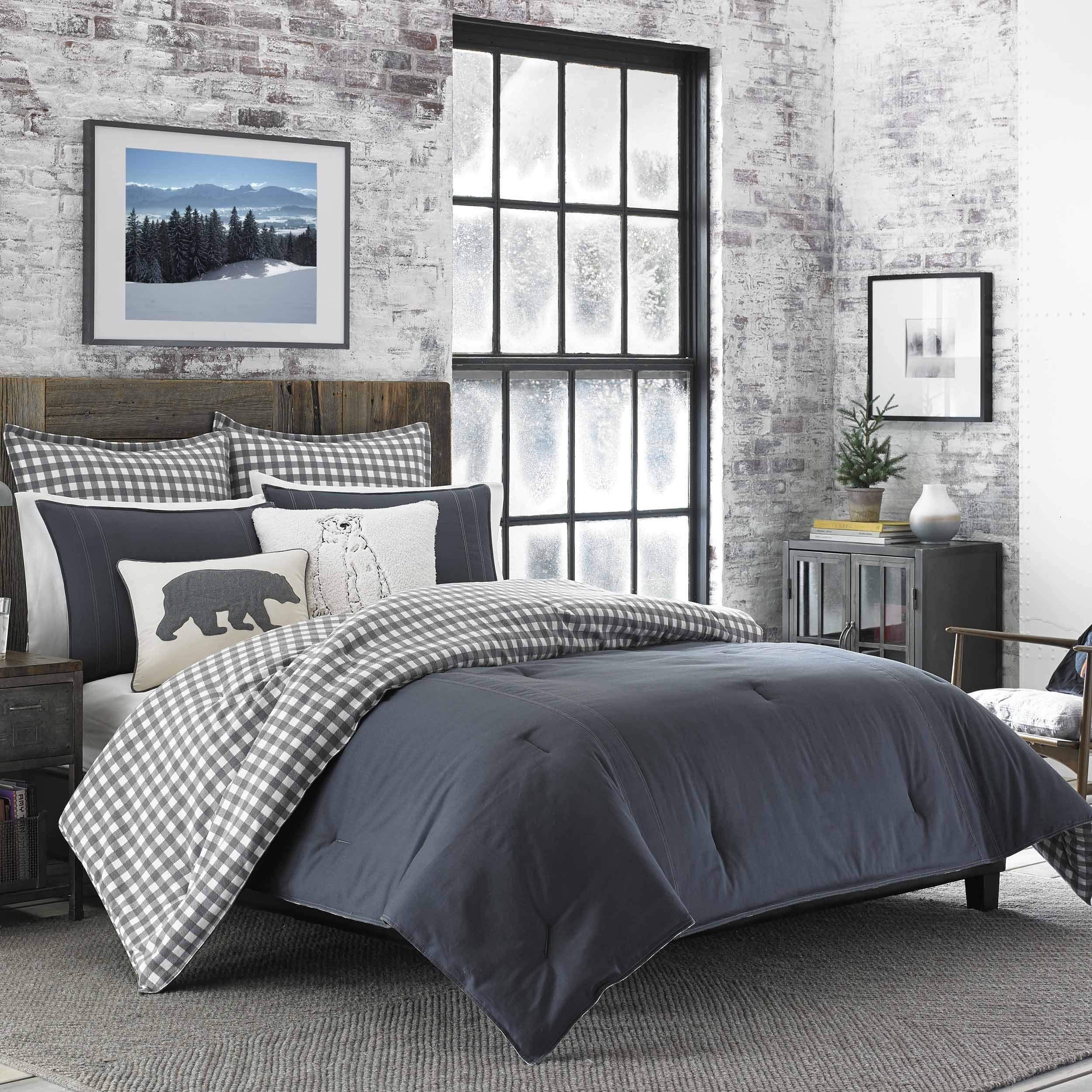 Eddie Bauer - Twin Comforter Set, Reversible Cotton Bedding with Matching Sham, Pre-Washed for Added Softness (Kingston Charcoal