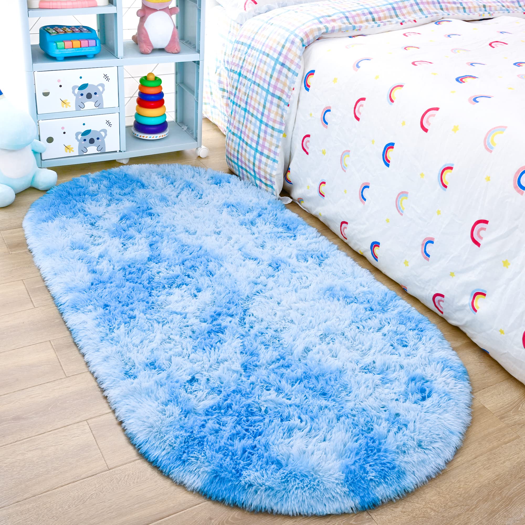 Noahas Oval Fluffy Blue Rainbow Rug 2.6X5.3 Small Kids Rugs for Bedroom Girls And Boys Aesthetic,Bedside Bedroom Rug,Ultra Soft 