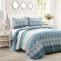 Lush Decor Bohemian Stripe Reversible Cotton Quilt Set, 3 Piece Set, Full/ Queen, Navy & Blue - Striped Bedding Set - Blue Quilt