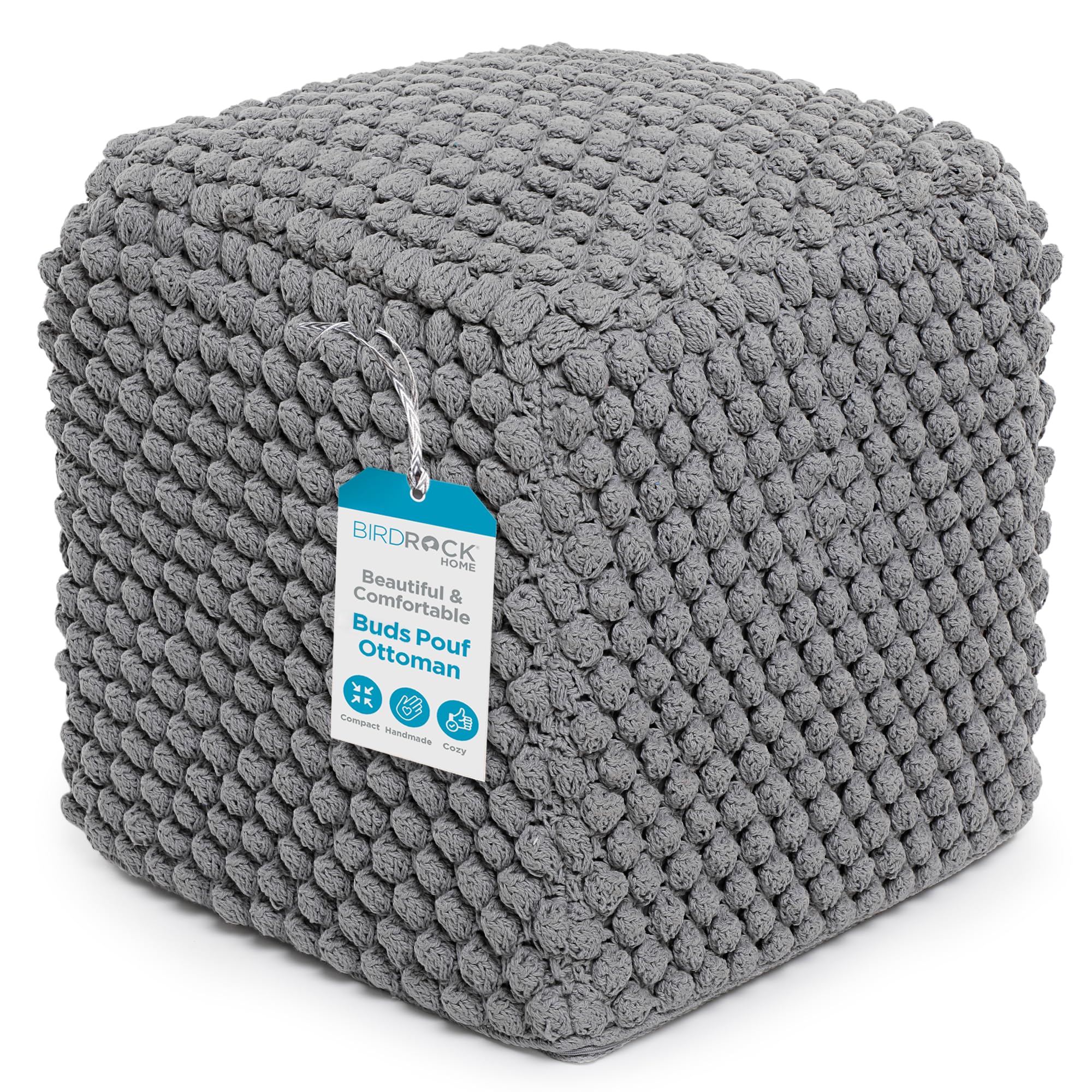 BIRDROCK HOME Buds Pouf Ottoman | Cotton Braided Foot Stool with Bead Filling | Boho Foot Rest for Living Room & Bedroom | Overs