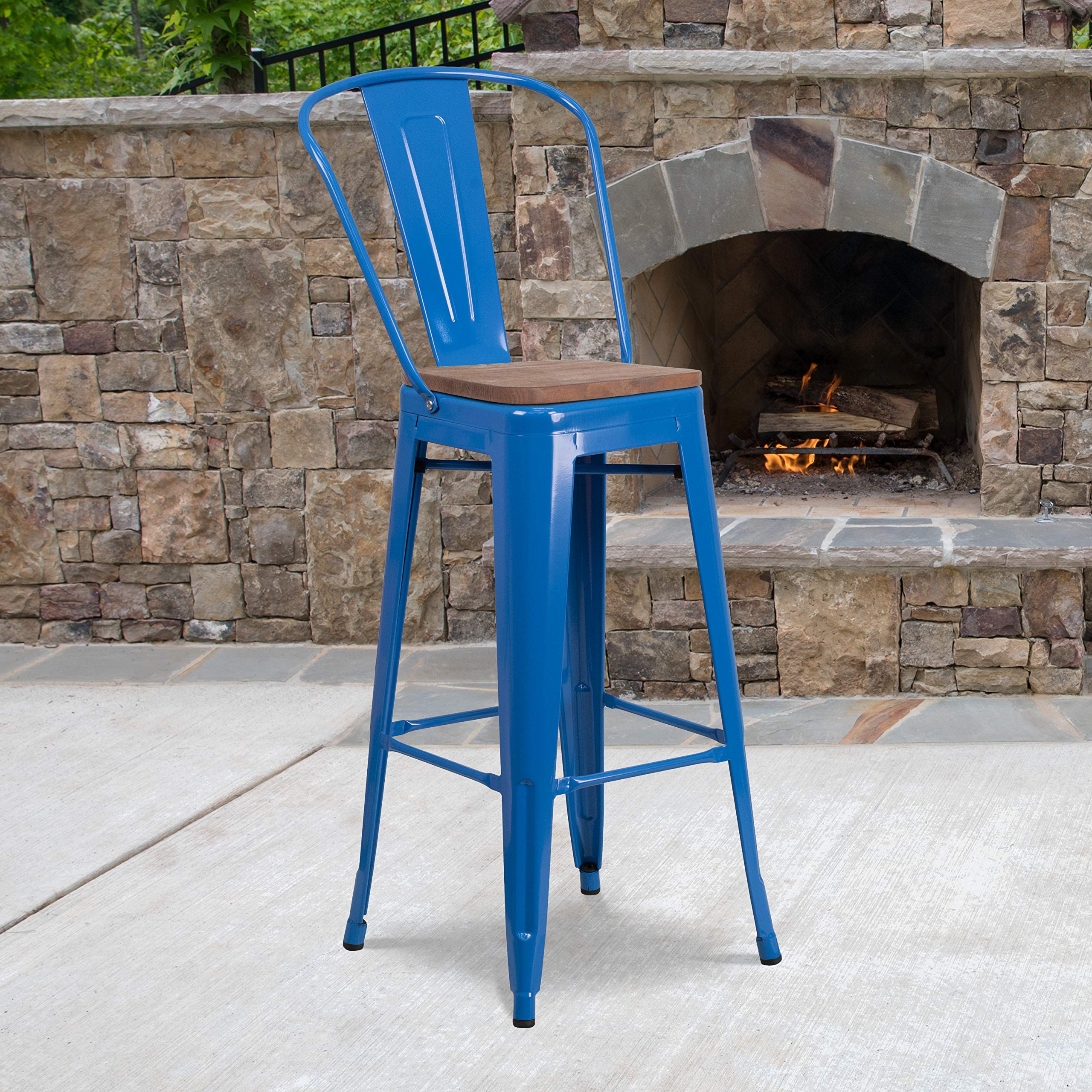 Flash Furniture Lily 30 High Blue Metal Barstool with Back and Wood Seat (Pack of 1)