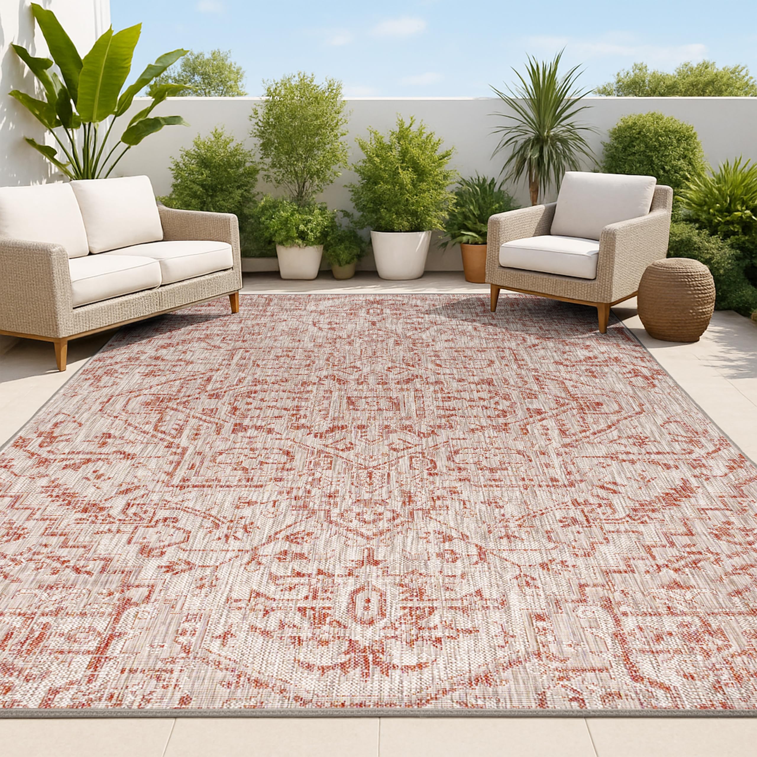 JONATHAN Y Boho Medallion Indoor Outdoor Area Rug 3X5 Red/Taupe, Estrella Textured Weave for Backyard, Patio, Porch, Easy-Cleani