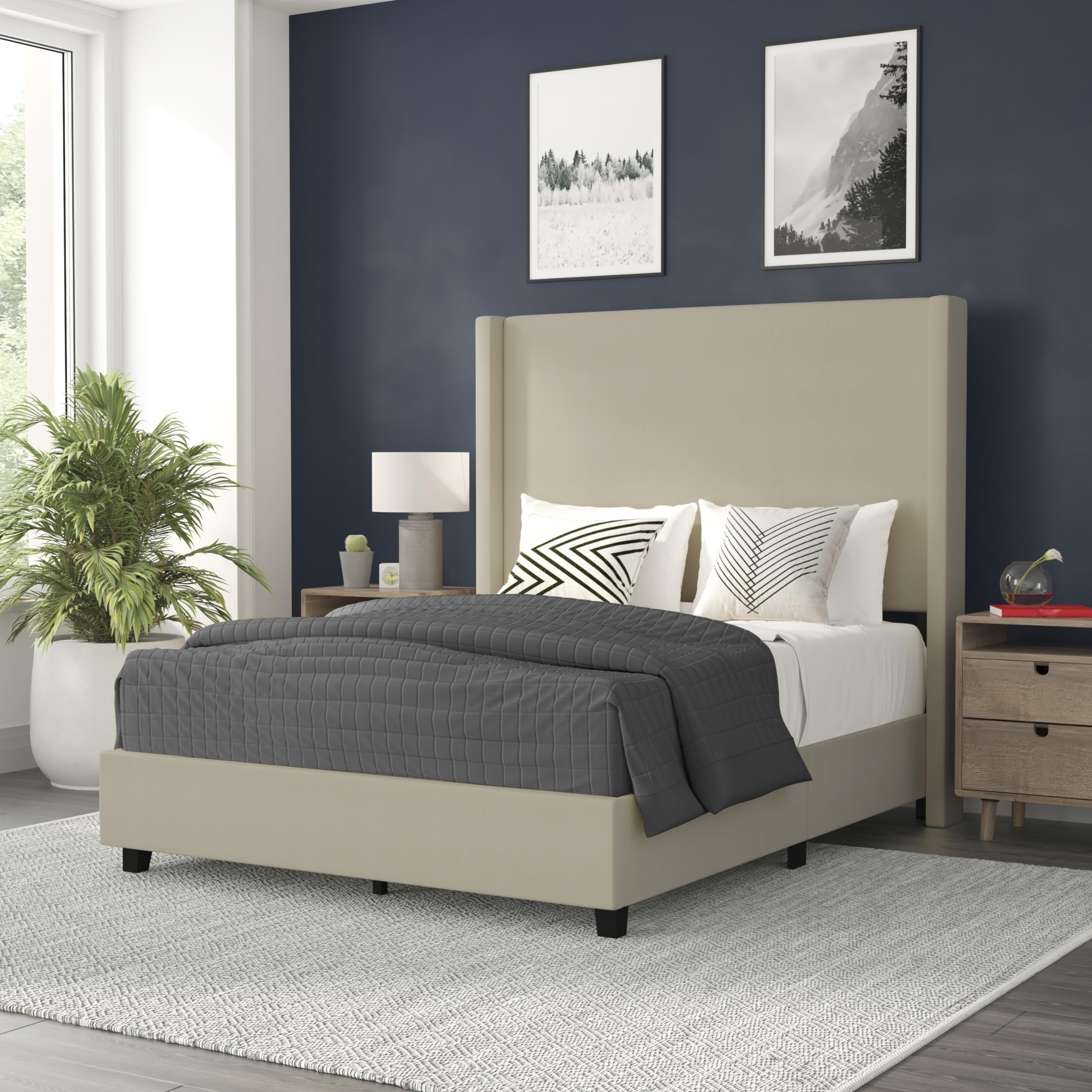 Flash Furniture Quinn Upholstered Platform Bed - Beige Channel Stitched Wingback Headboard - Full - Mattress Foundation with Sla