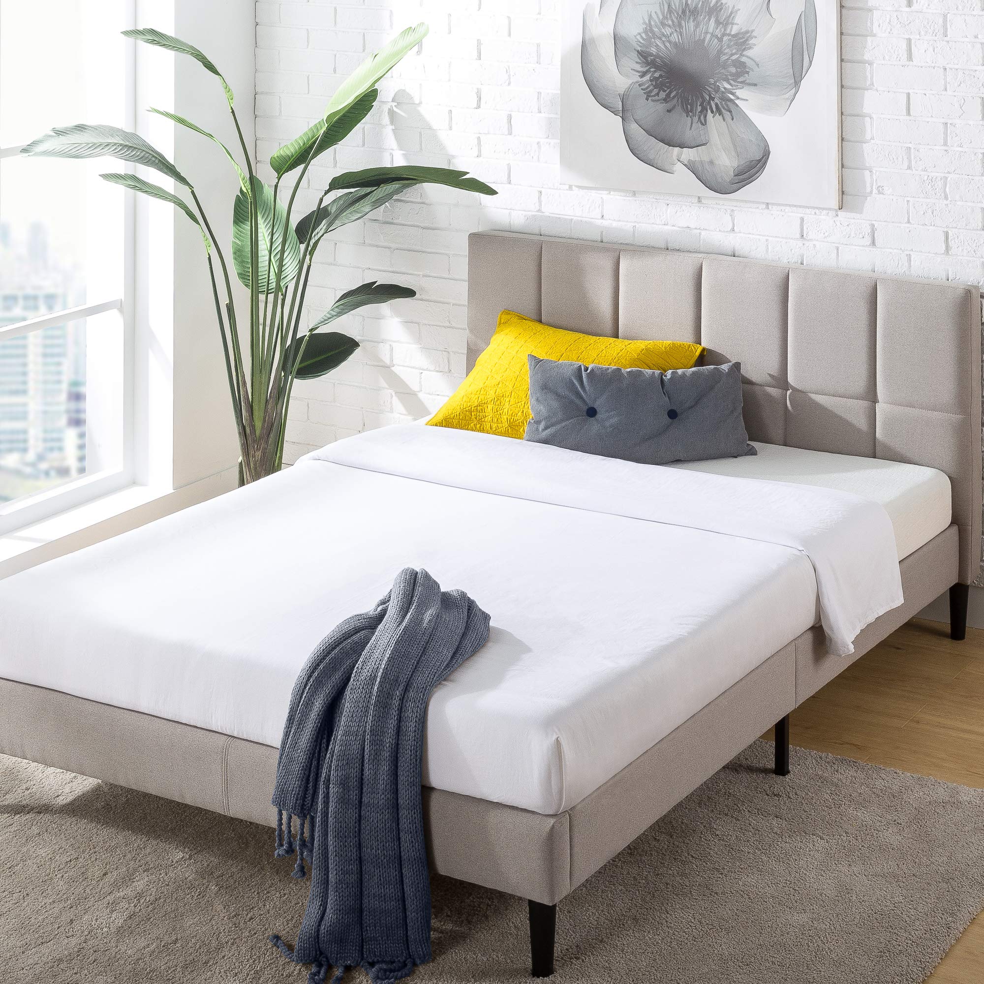ZINUS Lottie Upholstered Platform Bed Frame with Short Headboard, Mattress Foundation, Wood Slat Support, No Box Spring Needed, 