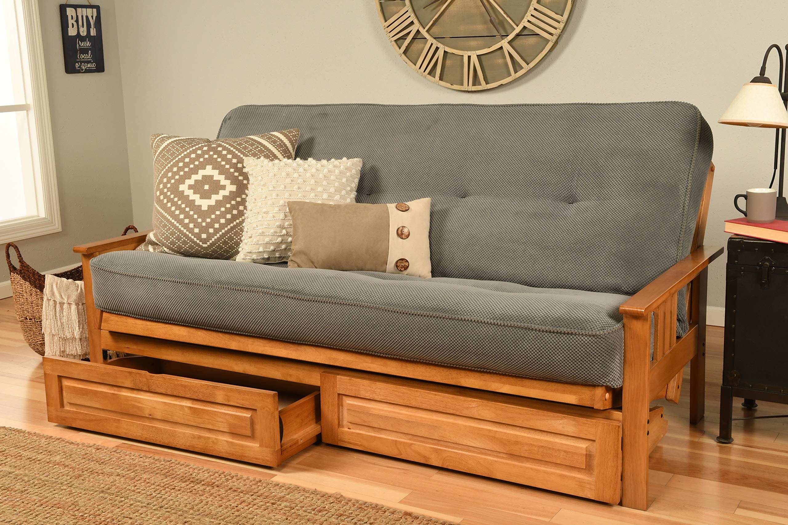 Kodiak Furniture Monterey Futon Set with Storage Drawers, with Butternut Base and Marmont Thunder Mattress